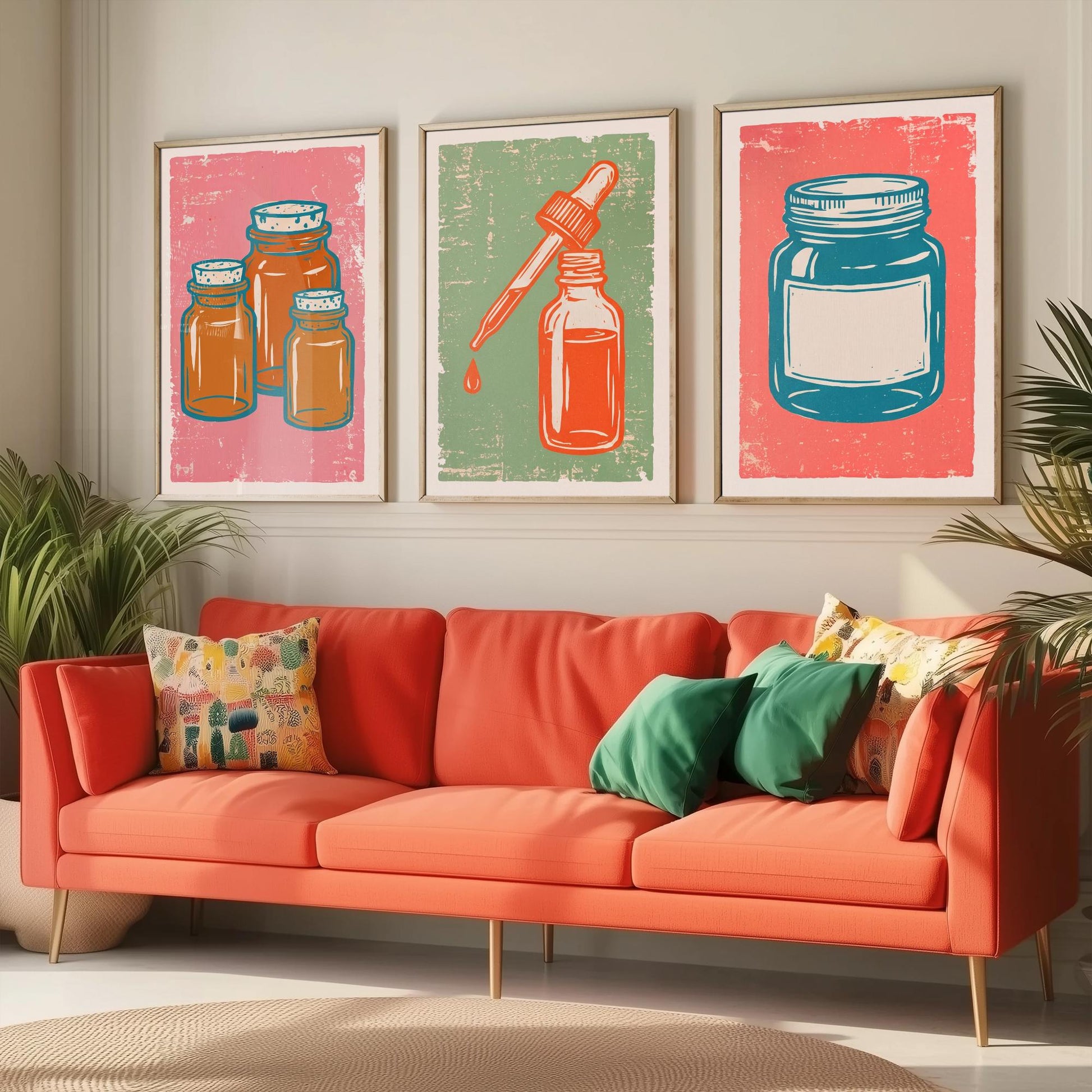 Set of Three Apothecary Art Prints - Amber Jars, Dropper Bottle & Labelled Jar - Linocut Style Illustrations - Pharmacy Posters V2