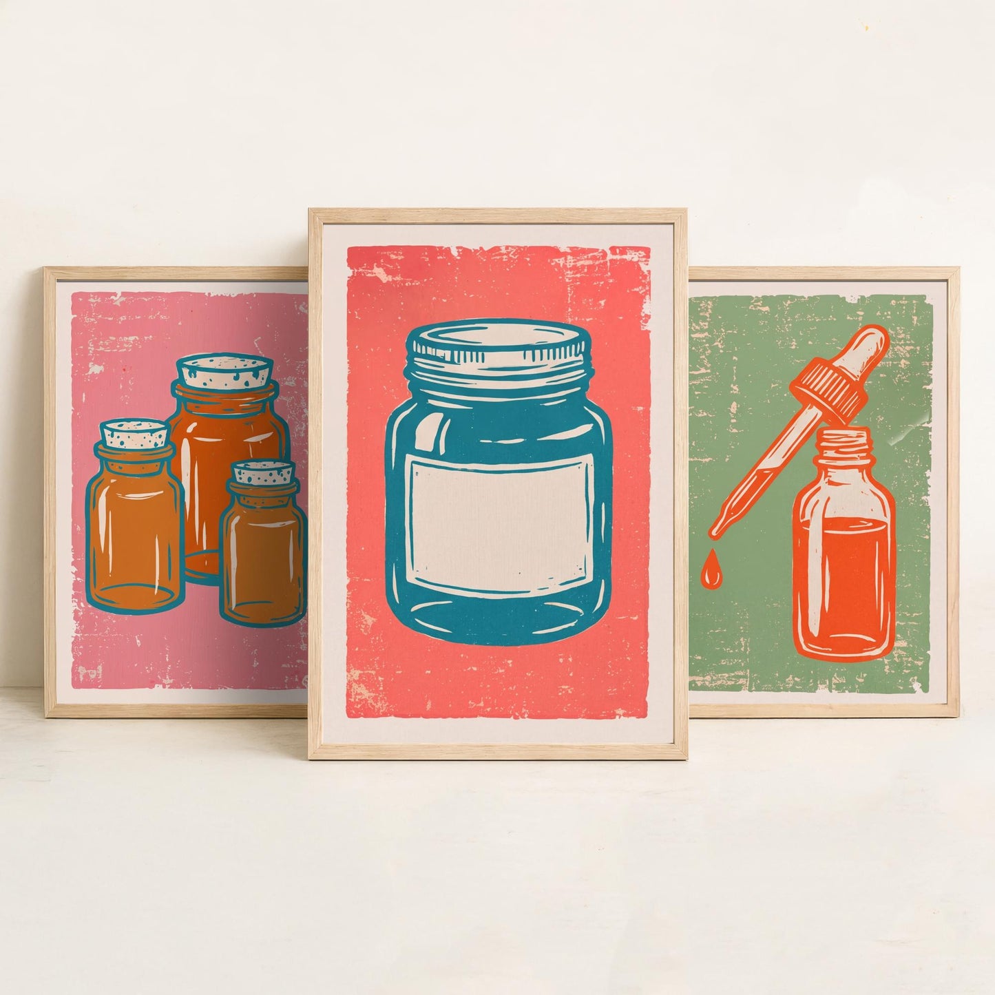 Set of Three Apothecary Art Prints - Amber Jars, Dropper Bottle & Labelled Jar - Linocut Style Illustrations - Pharmacy Posters V2