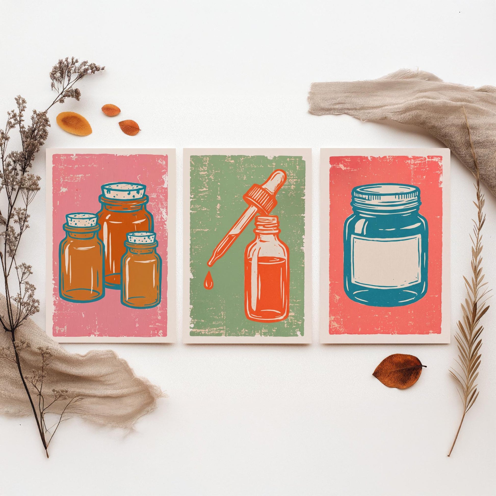 Set of Three Apothecary Art Prints - Amber Jars, Dropper Bottle & Labelled Jar - Linocut Style Illustrations - Pharmacy Posters V2