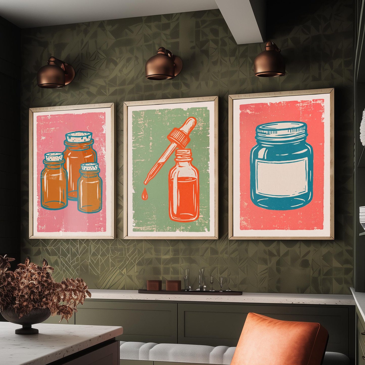 Set of Three Apothecary Art Prints - Amber Jars, Dropper Bottle & Labelled Jar - Linocut Style Illustrations - Pharmacy Posters V2