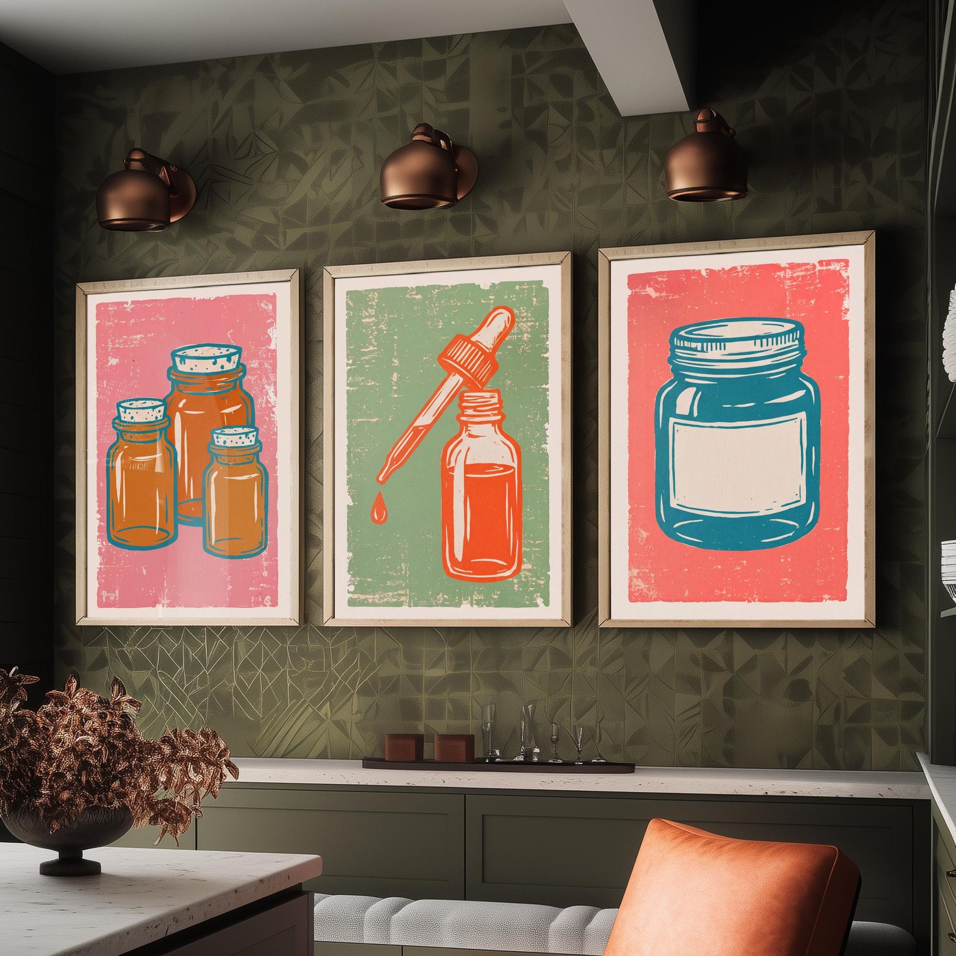 Set of Three Apothecary Art Prints - Amber Jars, Dropper Bottle & Labelled Jar - Linocut Style Illustrations - Pharmacy Posters V2