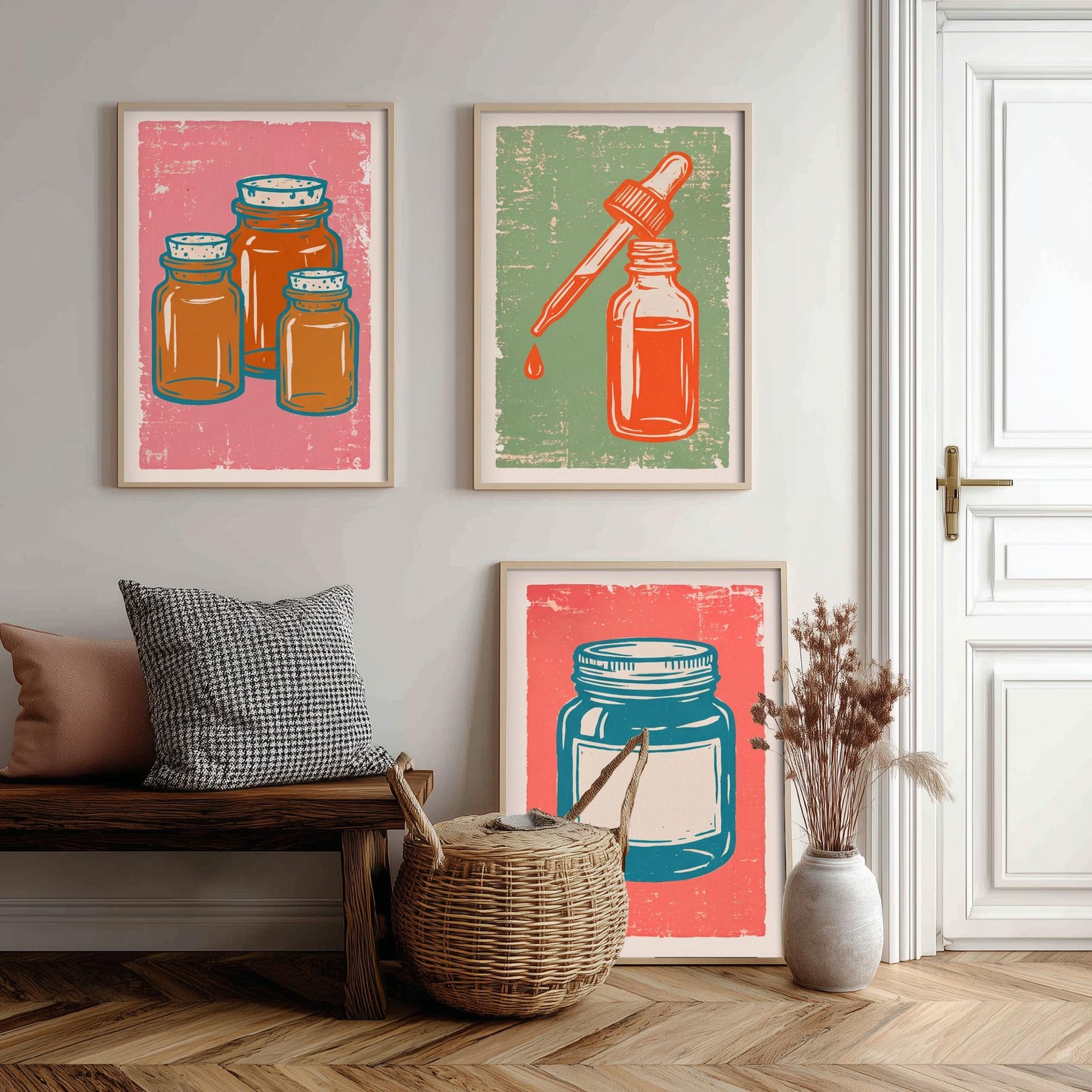 Set of Three Apothecary Art Prints - Amber Jars, Dropper Bottle & Labelled Jar - Linocut Style Illustrations - Pharmacy Posters V2