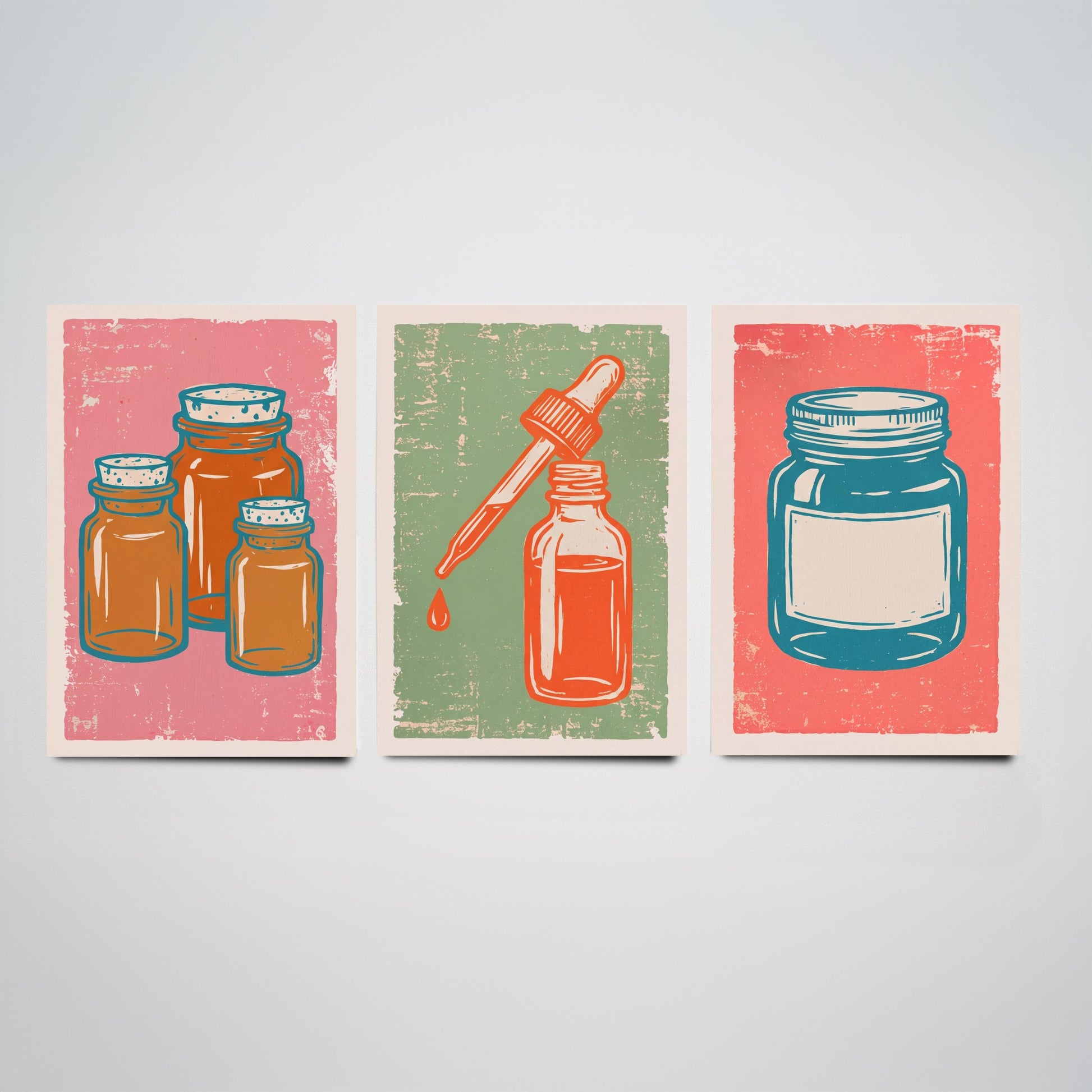 Set of Three Apothecary Art Prints - Amber Jars, Dropper Bottle & Labelled Jar - Linocut Style Illustrations - Pharmacy Posters V2