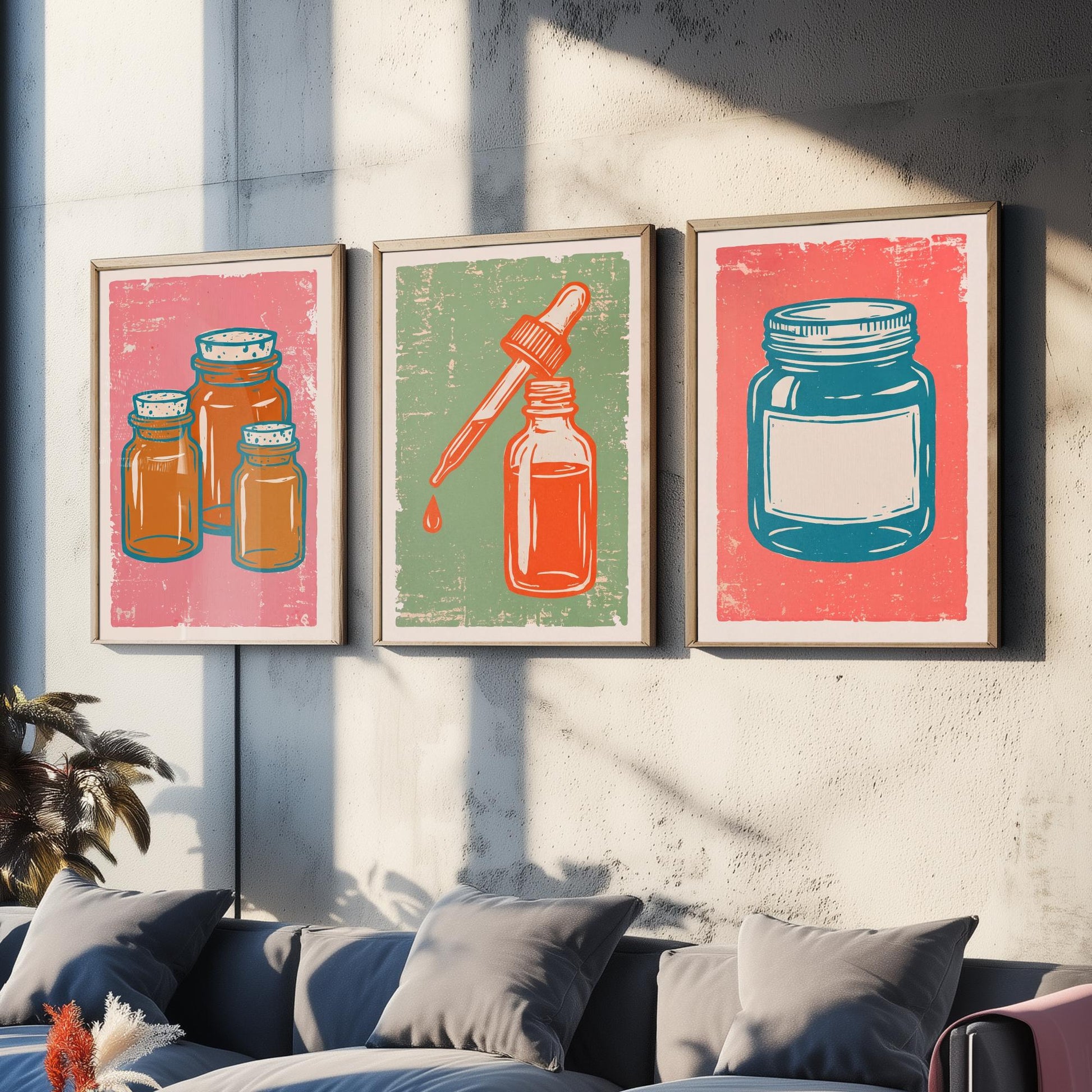 Set of Three Apothecary Art Prints - Amber Jars, Dropper Bottle & Labelled Jar - Linocut Style Illustrations - Pharmacy Posters V2