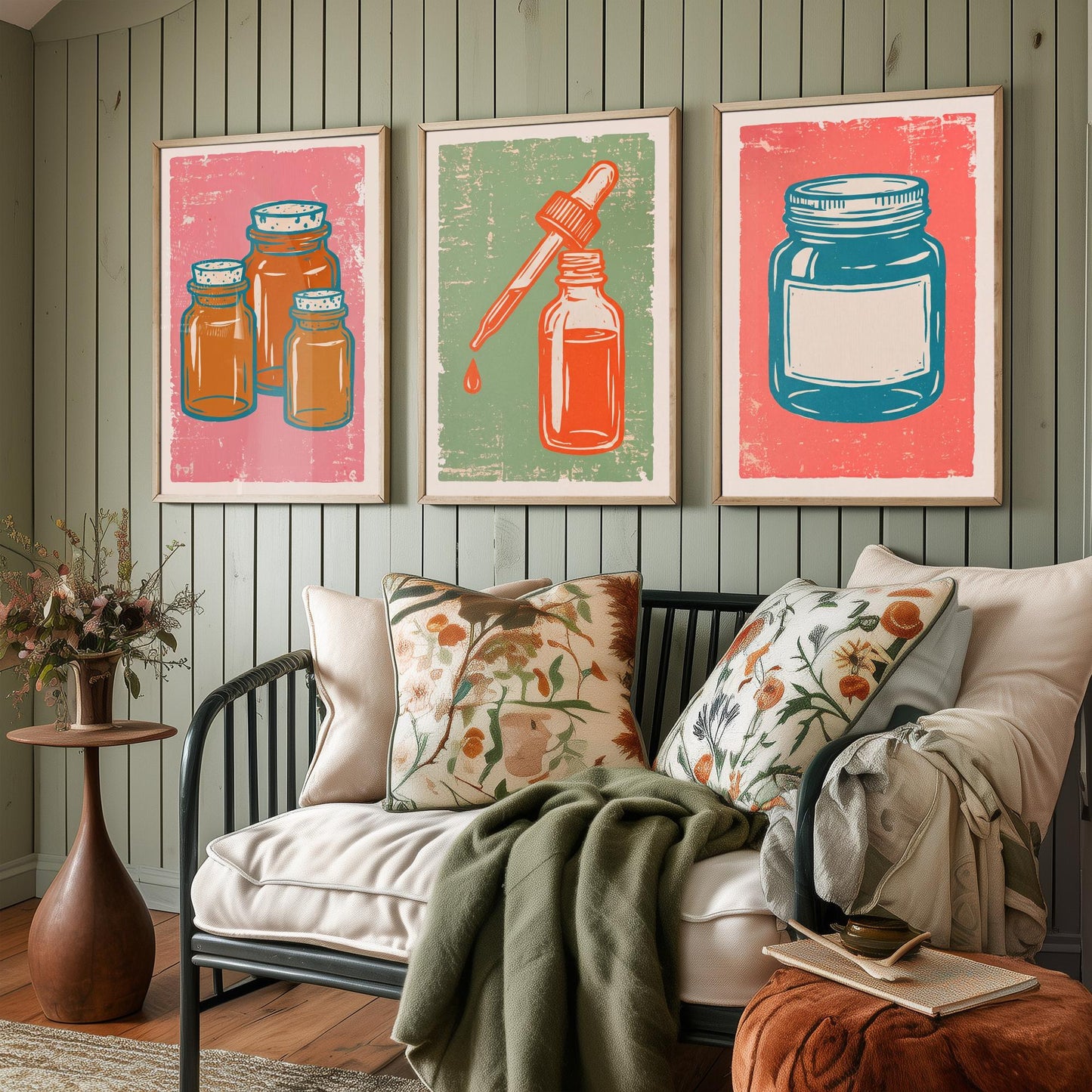 Set of Three Apothecary Art Prints - Amber Jars, Dropper Bottle & Labelled Jar - Linocut Style Illustrations - Pharmacy Posters V2
