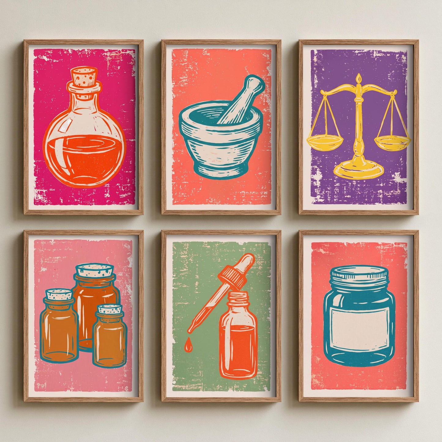 Set of Six Apothecary Linocut Art Prints - 6 Pharmacy Illustrations - Potion Bottle, Mortar and Pestle, Balance Scales, Dropper Posters