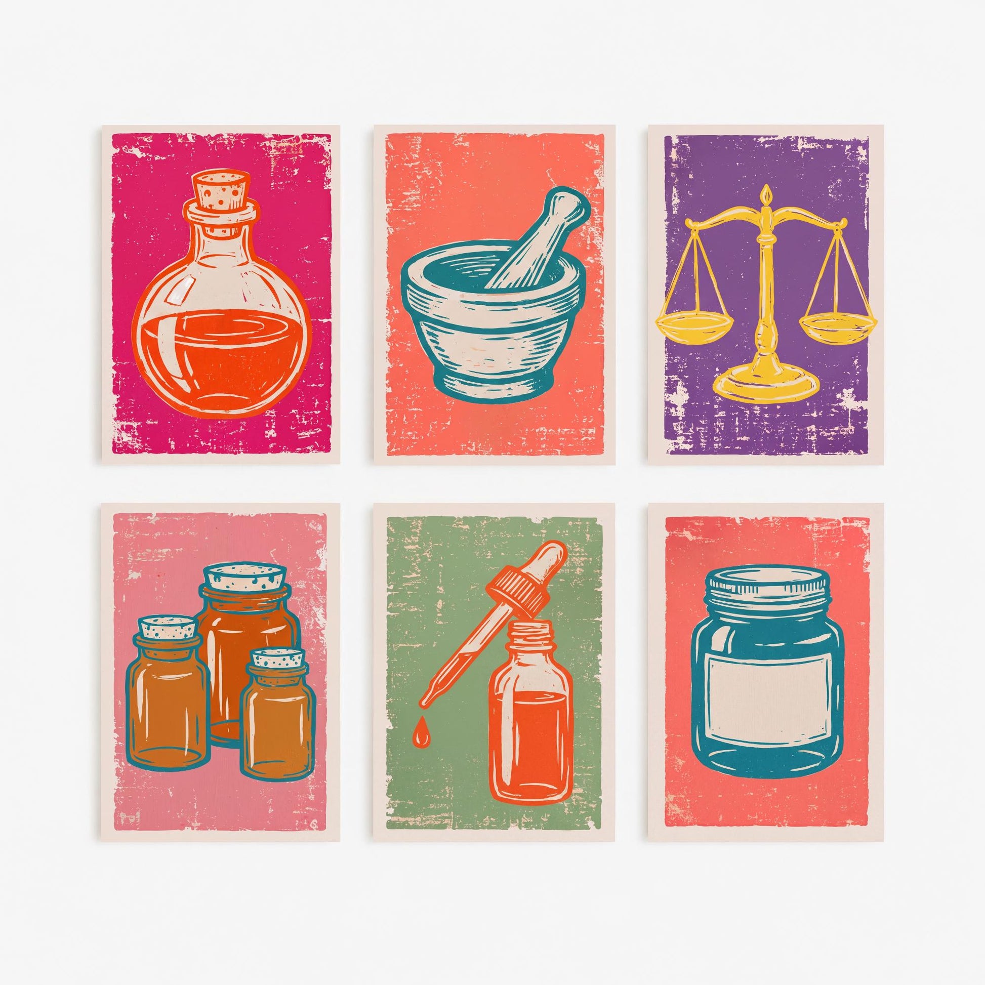 Set of Six Apothecary Linocut Art Prints - 6 Pharmacy Illustrations - Potion Bottle, Mortar and Pestle, Balance Scales, Dropper Posters