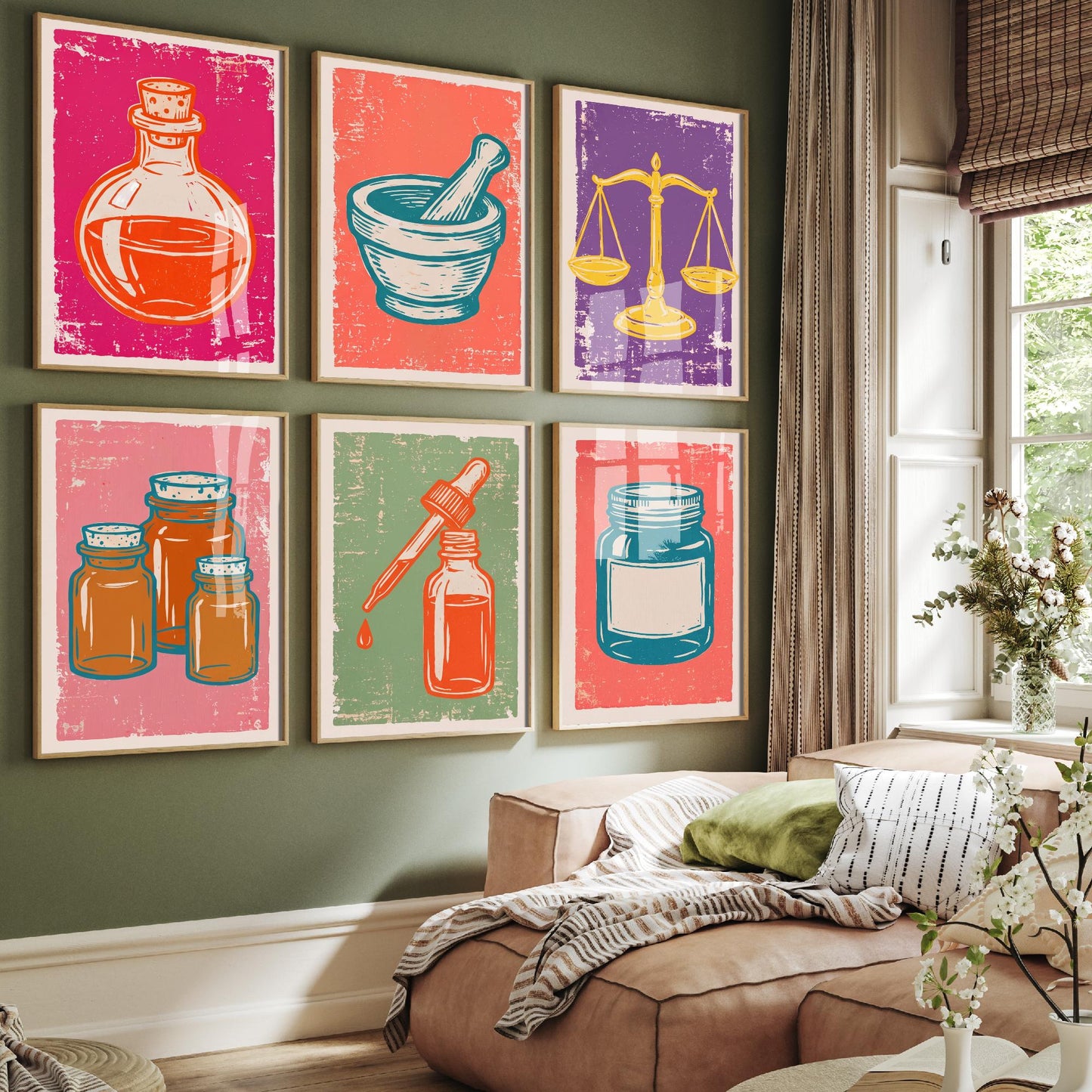 Set of Six Apothecary Linocut Art Prints - 6 Pharmacy Illustrations - Potion Bottle, Mortar and Pestle, Balance Scales, Dropper Posters