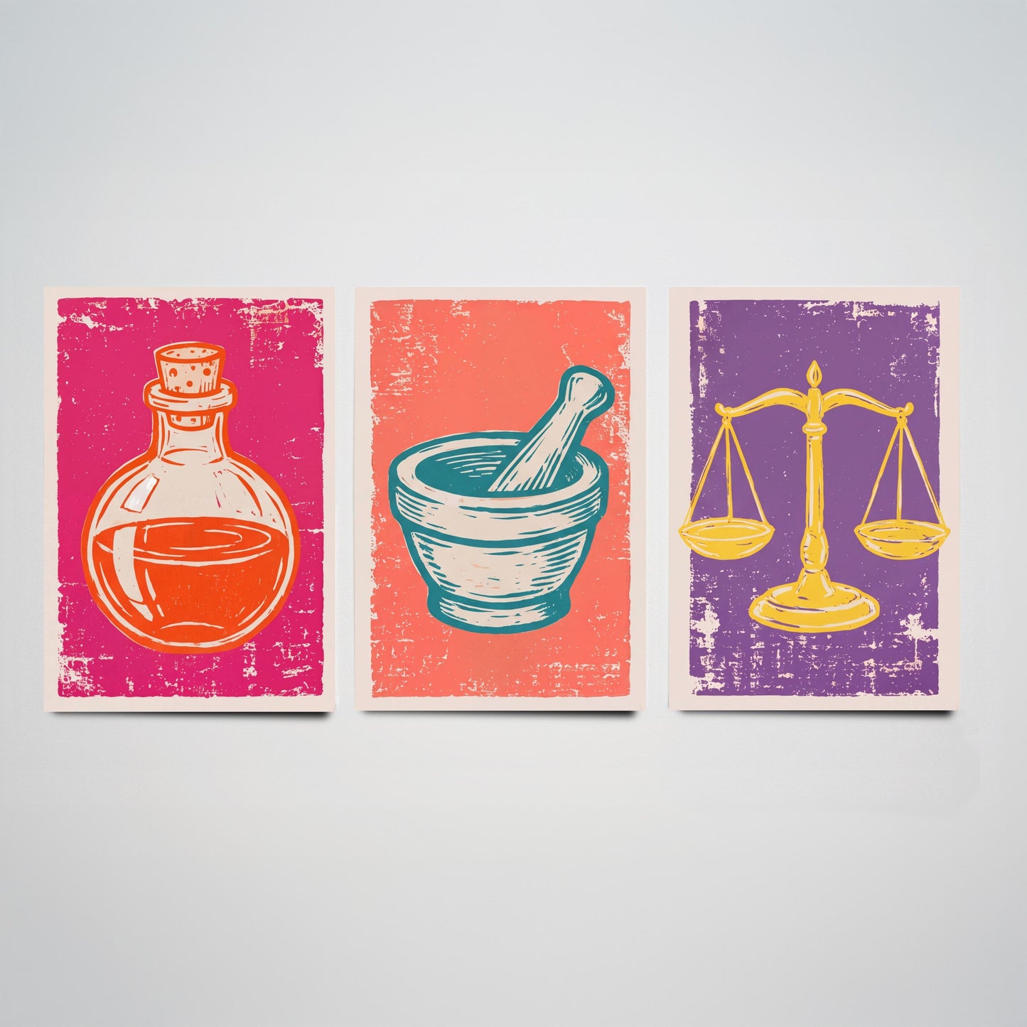 Set of Three Apothecary Art Prints - Potion Bottle, Mortar and Pestle & Balance Scales - Linocut Style Illustrations - Posters V1