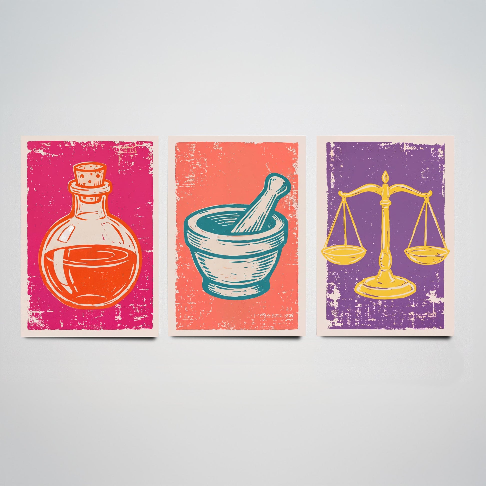 Set of Three Apothecary Art Prints - Potion Bottle, Mortar and Pestle & Balance Scales - Linocut Style Illustrations - Posters V1