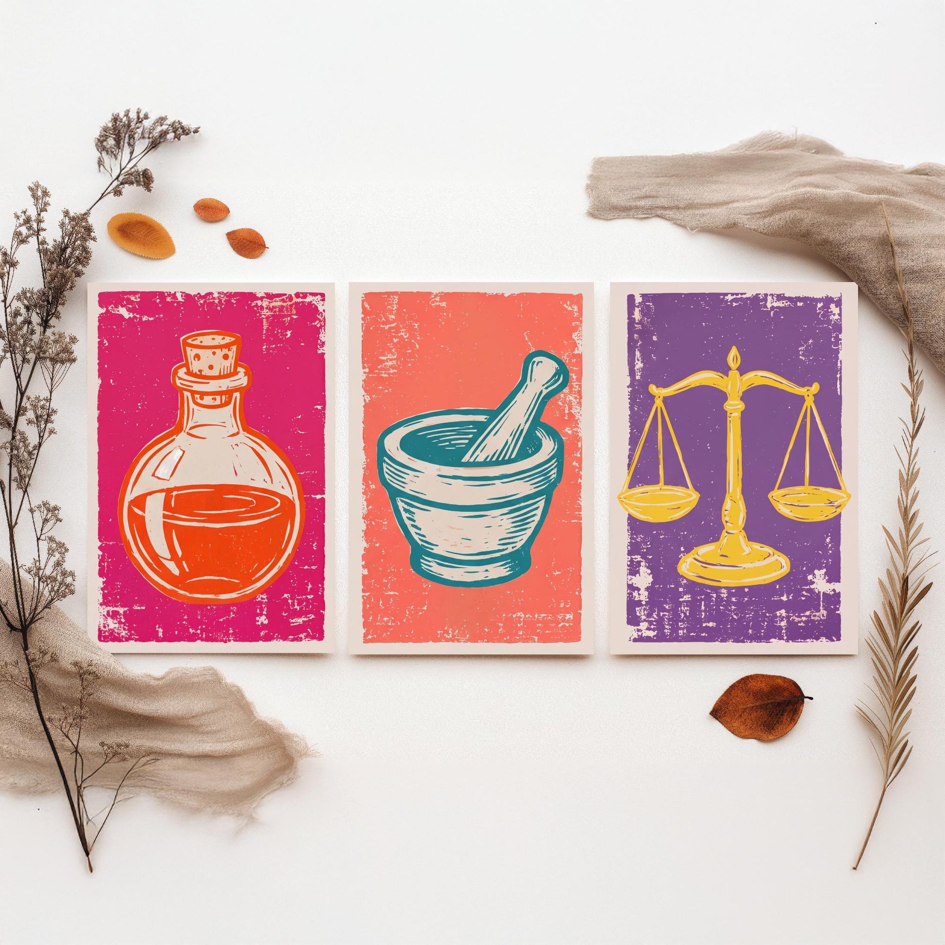 Set of Three Apothecary Art Prints - Potion Bottle, Mortar and Pestle & Balance Scales - Linocut Style Illustrations - Posters V1