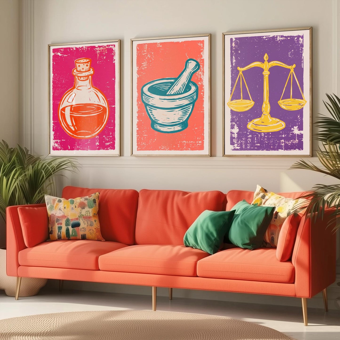 Set of Three Apothecary Art Prints - Potion Bottle, Mortar and Pestle & Balance Scales - Linocut Style Illustrations - Posters V1