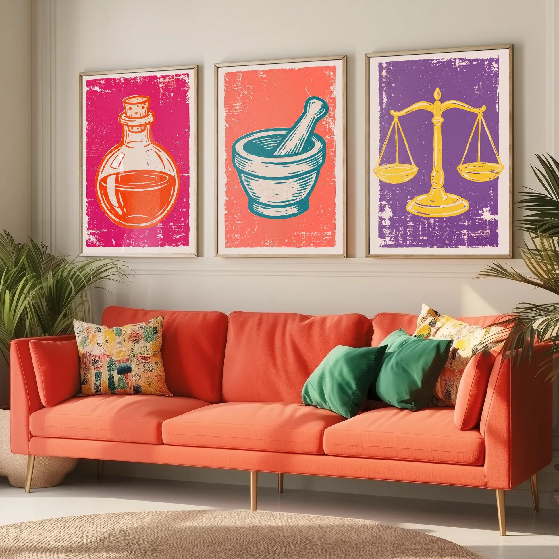 Set of Three Apothecary Art Prints - Potion Bottle, Mortar and Pestle & Balance Scales - Linocut Style Illustrations - Posters V1