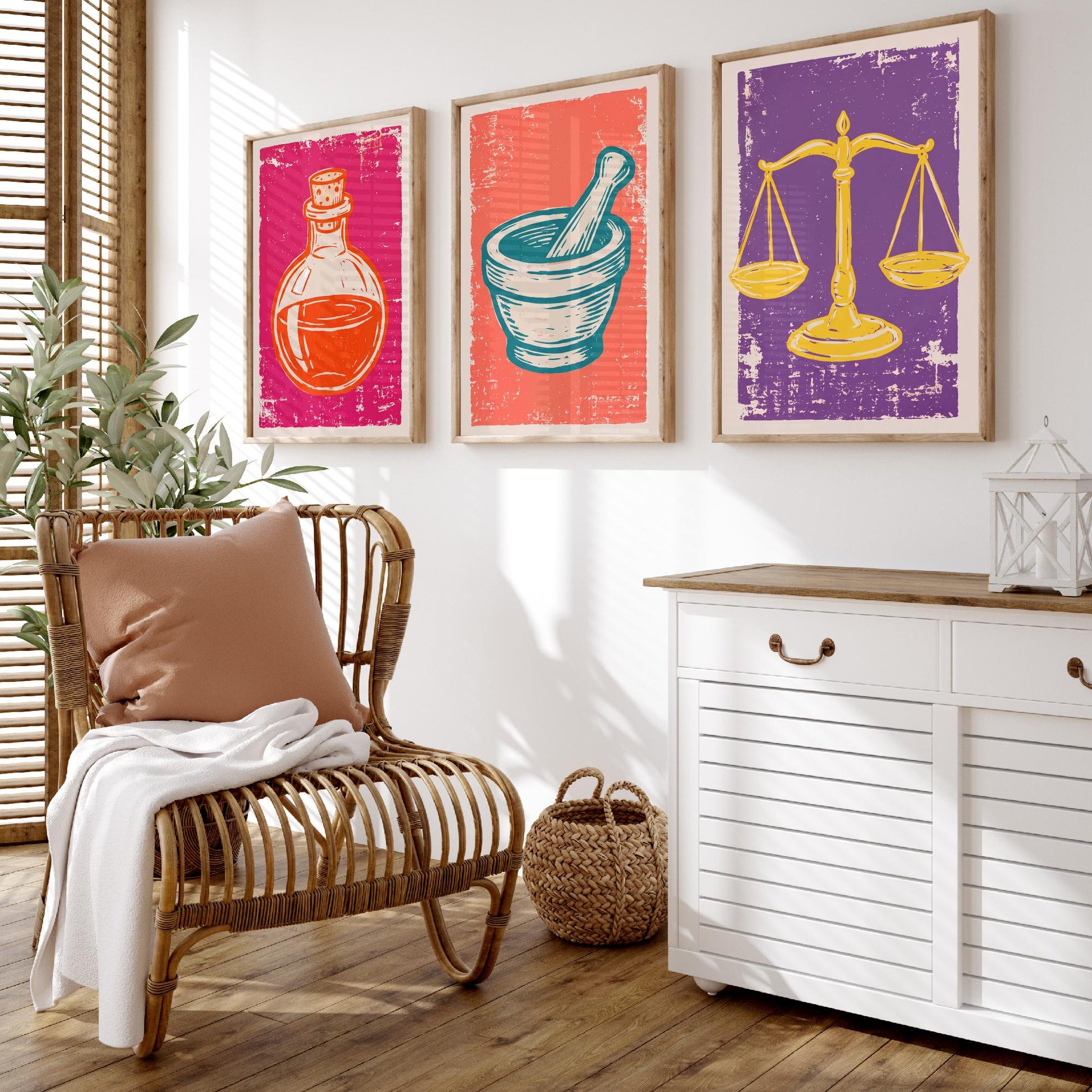 Set of Three Apothecary Art Prints - Potion Bottle, Mortar and Pestle & Balance Scales - Linocut Style Illustrations - Posters V1