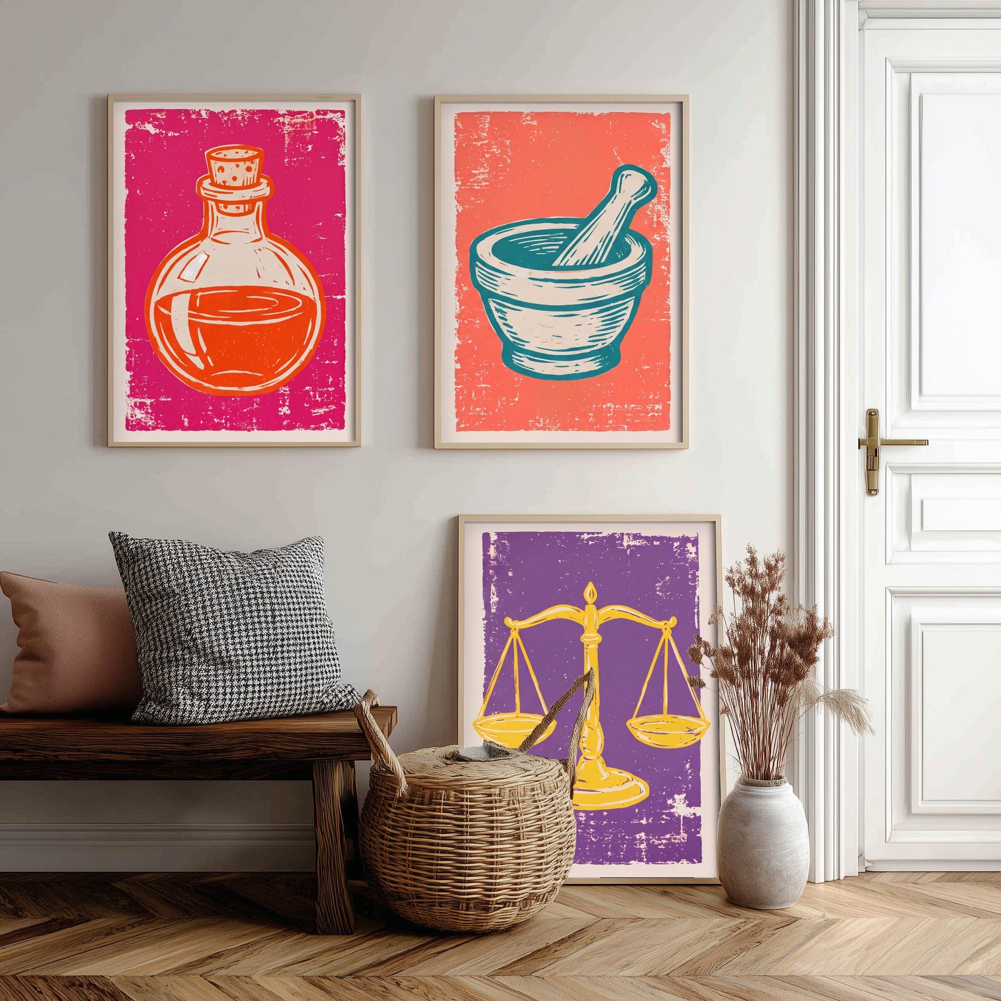 Set of Three Apothecary Art Prints - Potion Bottle, Mortar and Pestle & Balance Scales - Linocut Style Illustrations - Posters V1