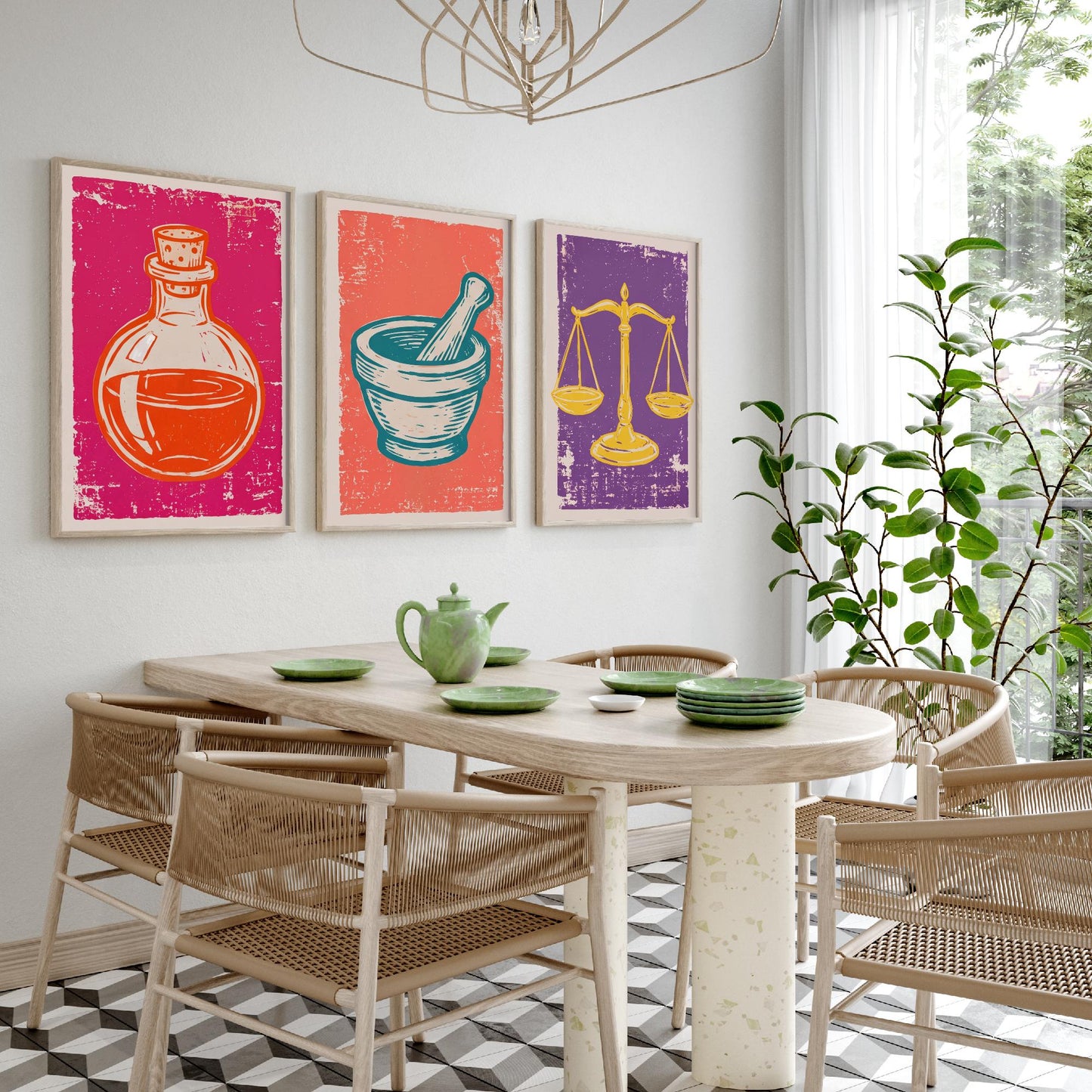 Set of Three Apothecary Art Prints - Potion Bottle, Mortar and Pestle & Balance Scales - Linocut Style Illustrations - Posters V1