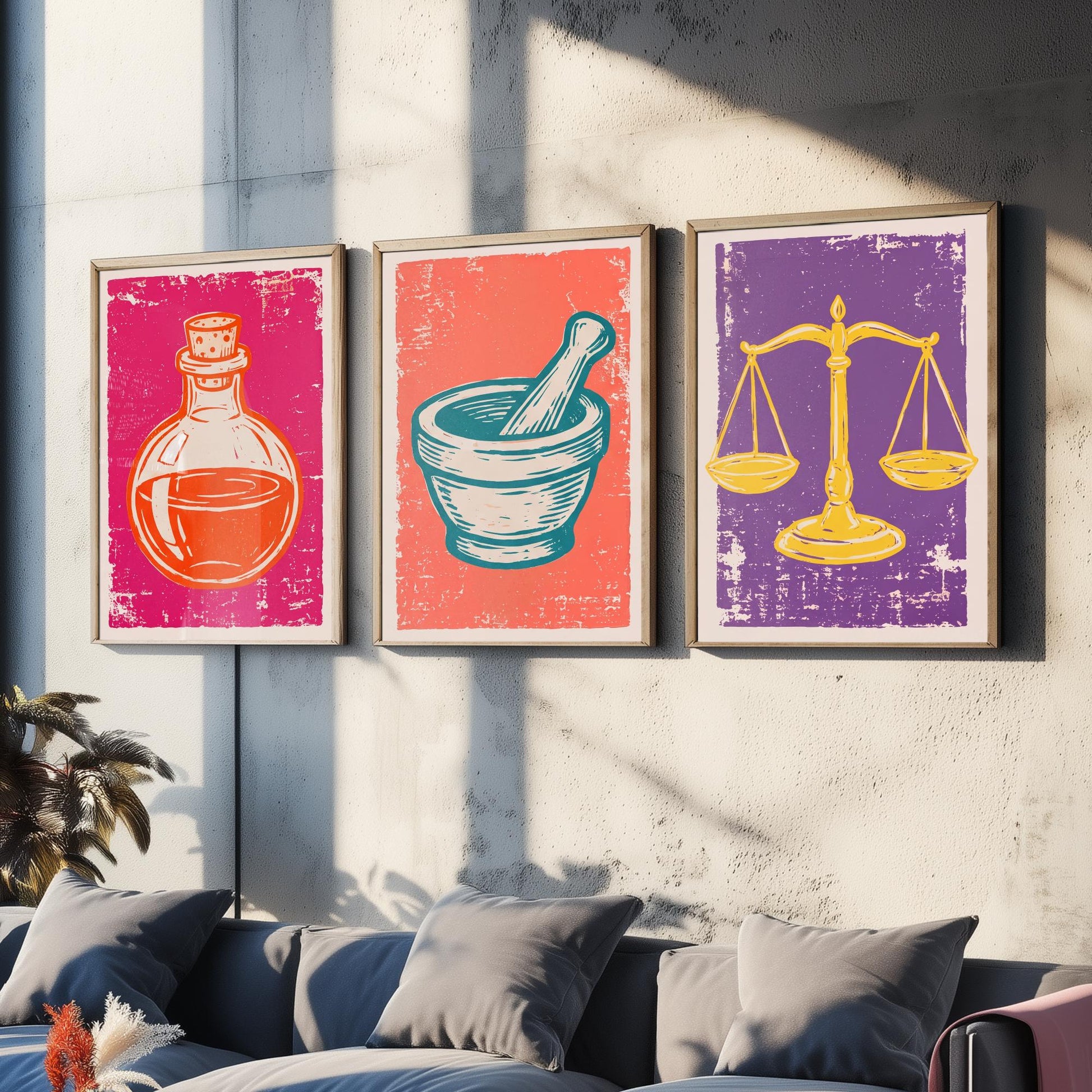 Set of Three Apothecary Art Prints - Potion Bottle, Mortar and Pestle & Balance Scales - Linocut Style Illustrations - Posters V1