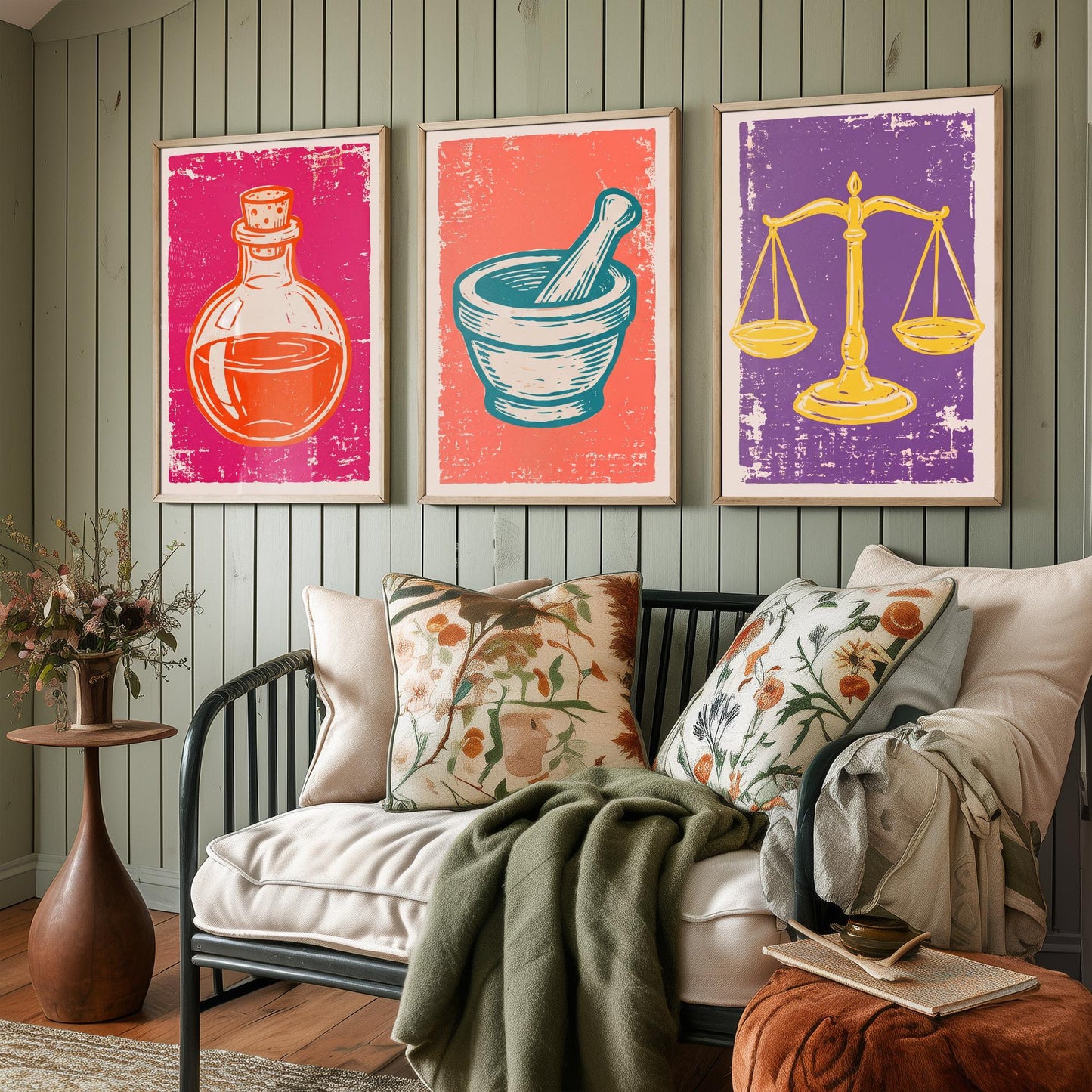 Set of Three Apothecary Art Prints - Potion Bottle, Mortar and Pestle & Balance Scales - Linocut Style Illustrations - Posters V1
