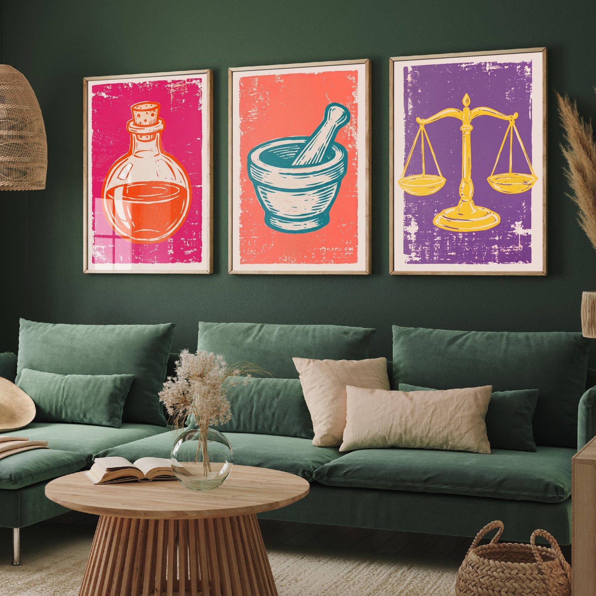 Set of Three Apothecary Art Prints - Potion Bottle, Mortar and Pestle & Balance Scales - Linocut Style Illustrations - Posters V1