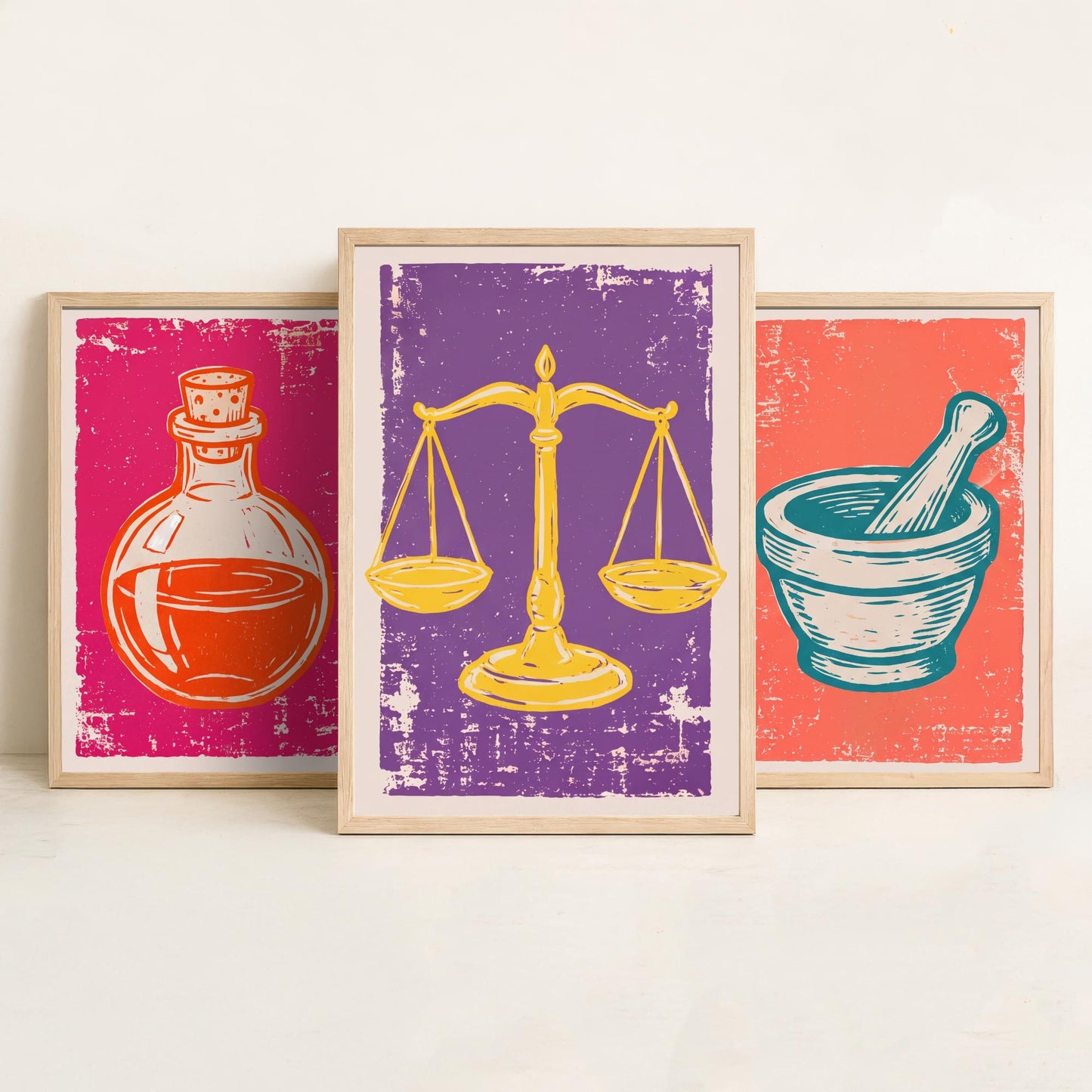 Set of Three Apothecary Art Prints - Potion Bottle, Mortar and Pestle & Balance Scales - Linocut Style Illustrations - Posters V1