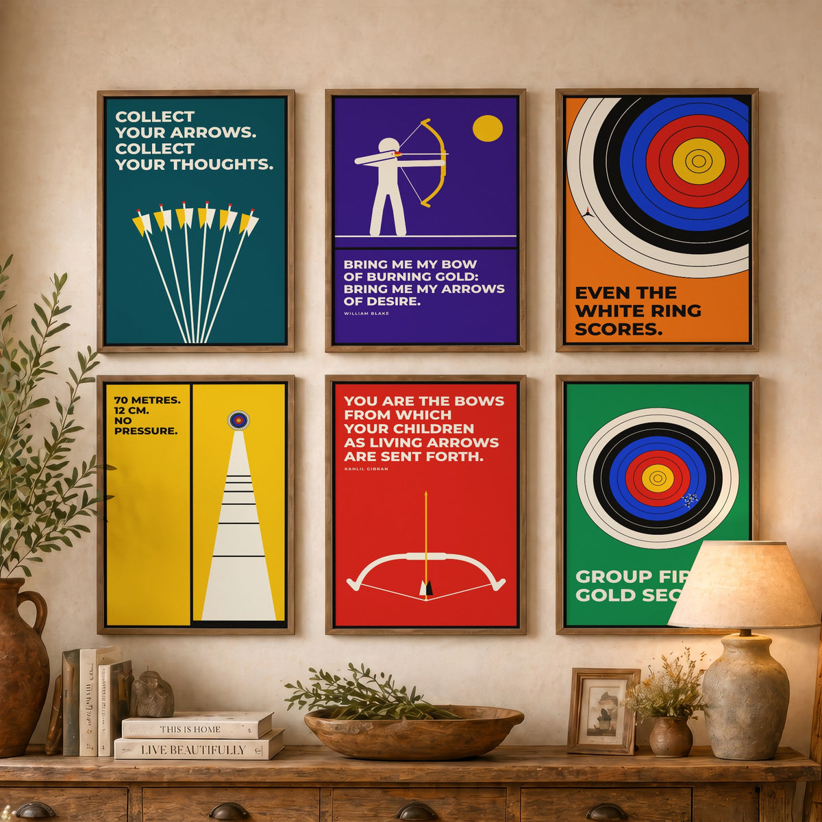Set of Six Archery Quote Art Prints - 6 Bauhaus Archer Posters - Minimalist Sport Illustration - Target, Bow and Arrow