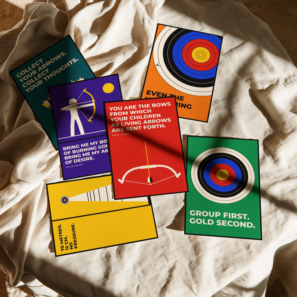 Set of Six Archery Quote Art Prints - 6 Bauhaus Archer Posters - Minimalist Sport Illustration - Target, Bow and Arrow
