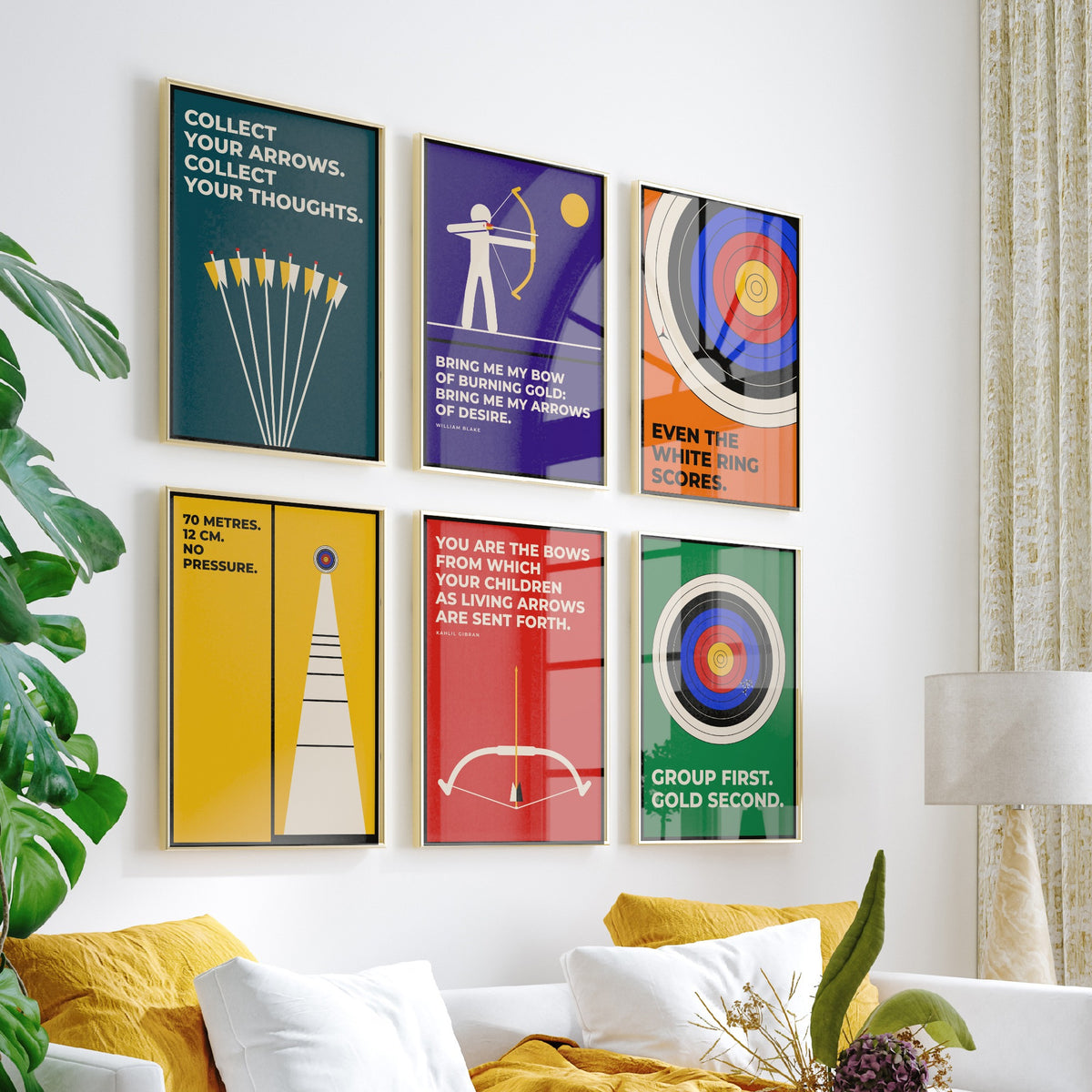 Set of Six Archery Quote Art Prints - 6 Bauhaus Archer Posters - Minimalist Sport Illustration - Target, Bow and Arrow