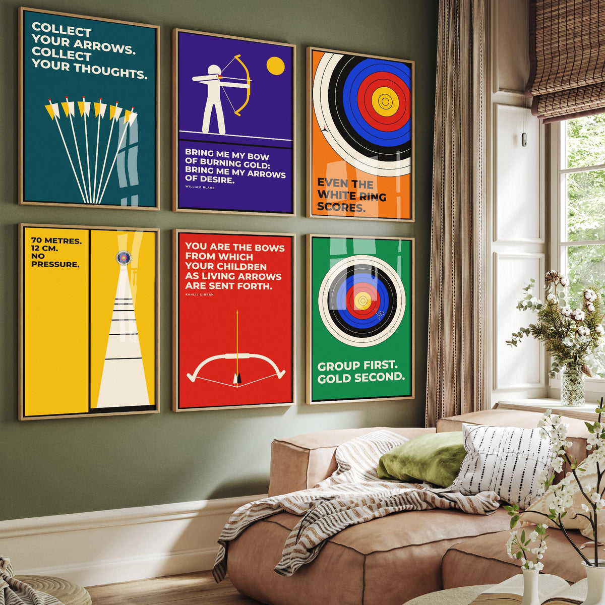 Set of Six Archery Quote Art Prints - 6 Bauhaus Archer Posters - Minimalist Sport Illustration - Target, Bow and Arrow