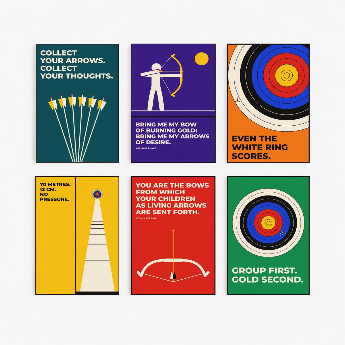 Set of Six Archery Quote Art Prints - 6 Bauhaus Archer Posters - Minimalist Sport Illustration - Target, Bow and Arrow