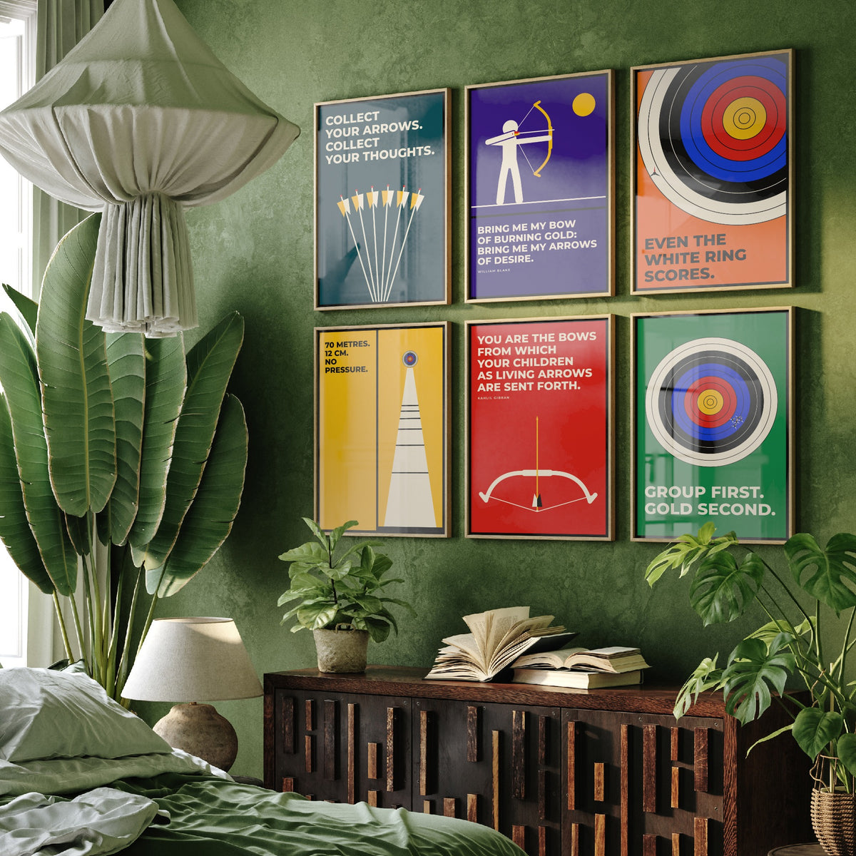 Set of Six Archery Quote Art Prints - 6 Bauhaus Archer Posters - Minimalist Sport Illustration - Target, Bow and Arrow