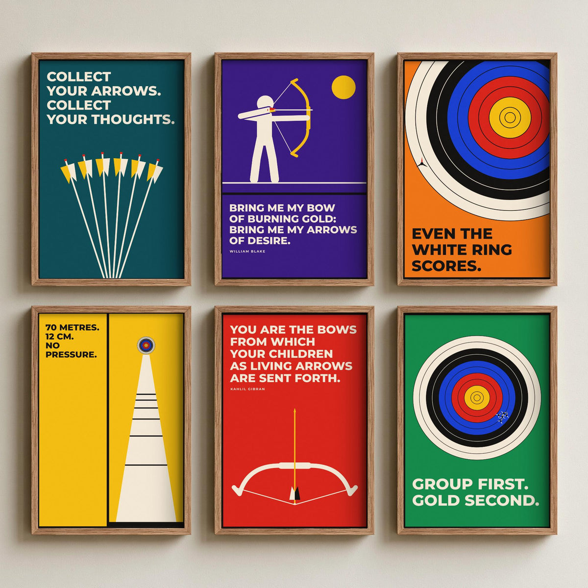 Set of Six Archery Quote Art Prints - 6 Bauhaus Archer Posters - Minimalist Sport Illustration - Target, Bow and Arrow