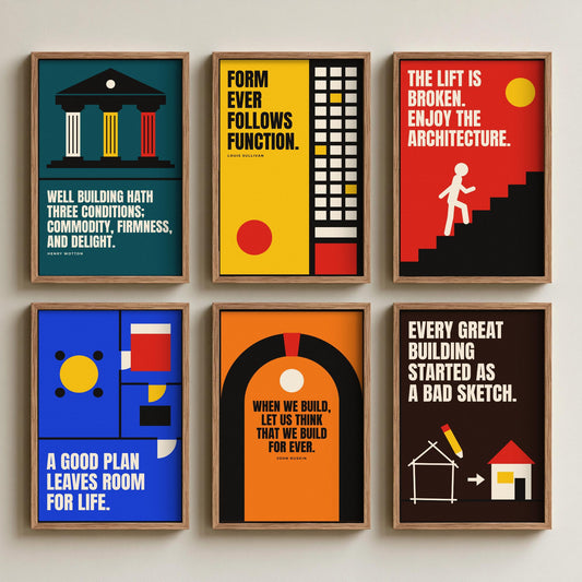 Set of Six Architecture Quote Art Prints - 6 Bauhaus Architect Posters - Minimalist Design Illustration - Form Follows Function