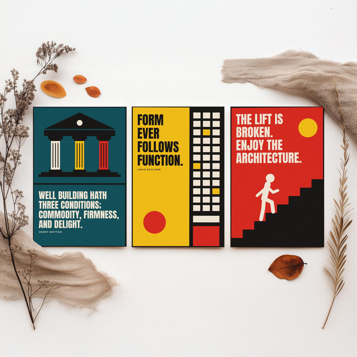 Architecture Quotes Set of Three Art Prints - 3 Bauhaus Architect Posters - Minimalist Design Wall Art Illustration V1
