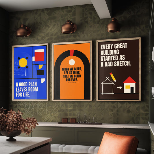Architecture Quotes Set of Three Art Prints - 3 Retro Bauhaus Architect Posters - Minimalist Design Wall Art Illustration V2