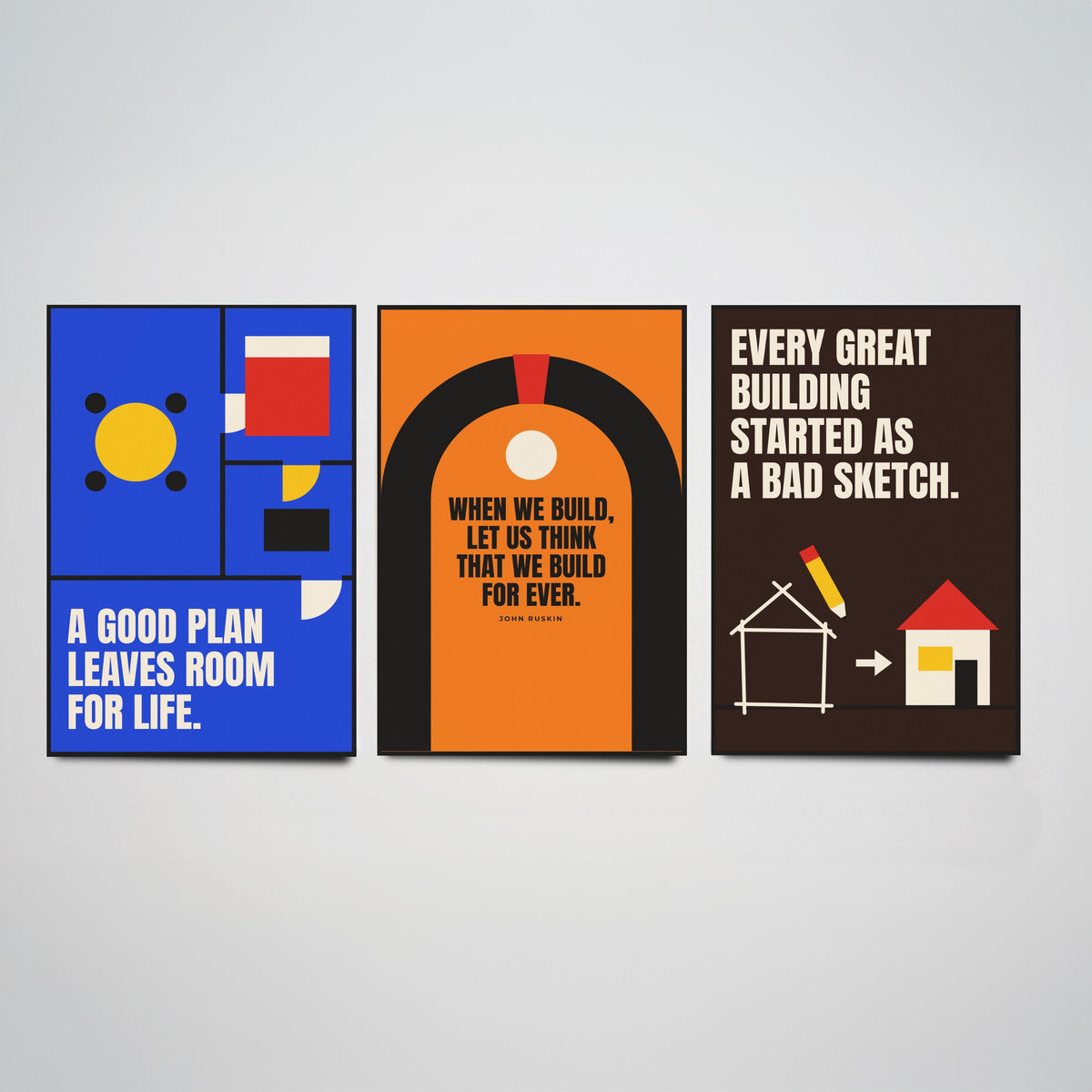 Architecture Quotes Set of Three Art Prints - 3 Retro Bauhaus Architect Posters - Minimalist Design Wall Art Illustration V2