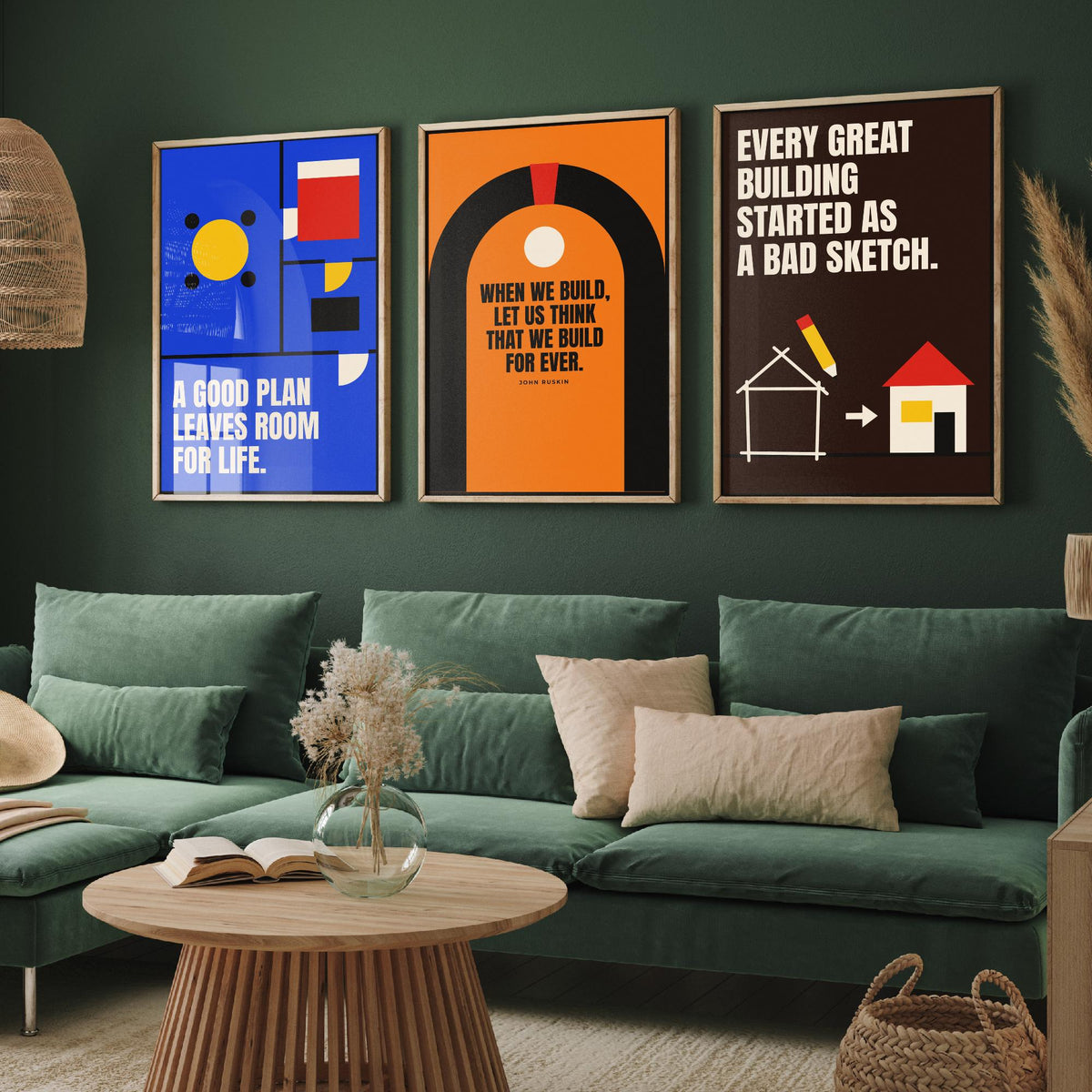 Architecture Quotes Set of Three Art Prints - 3 Retro Bauhaus Architect Posters - Minimalist Design Wall Art Illustration V2