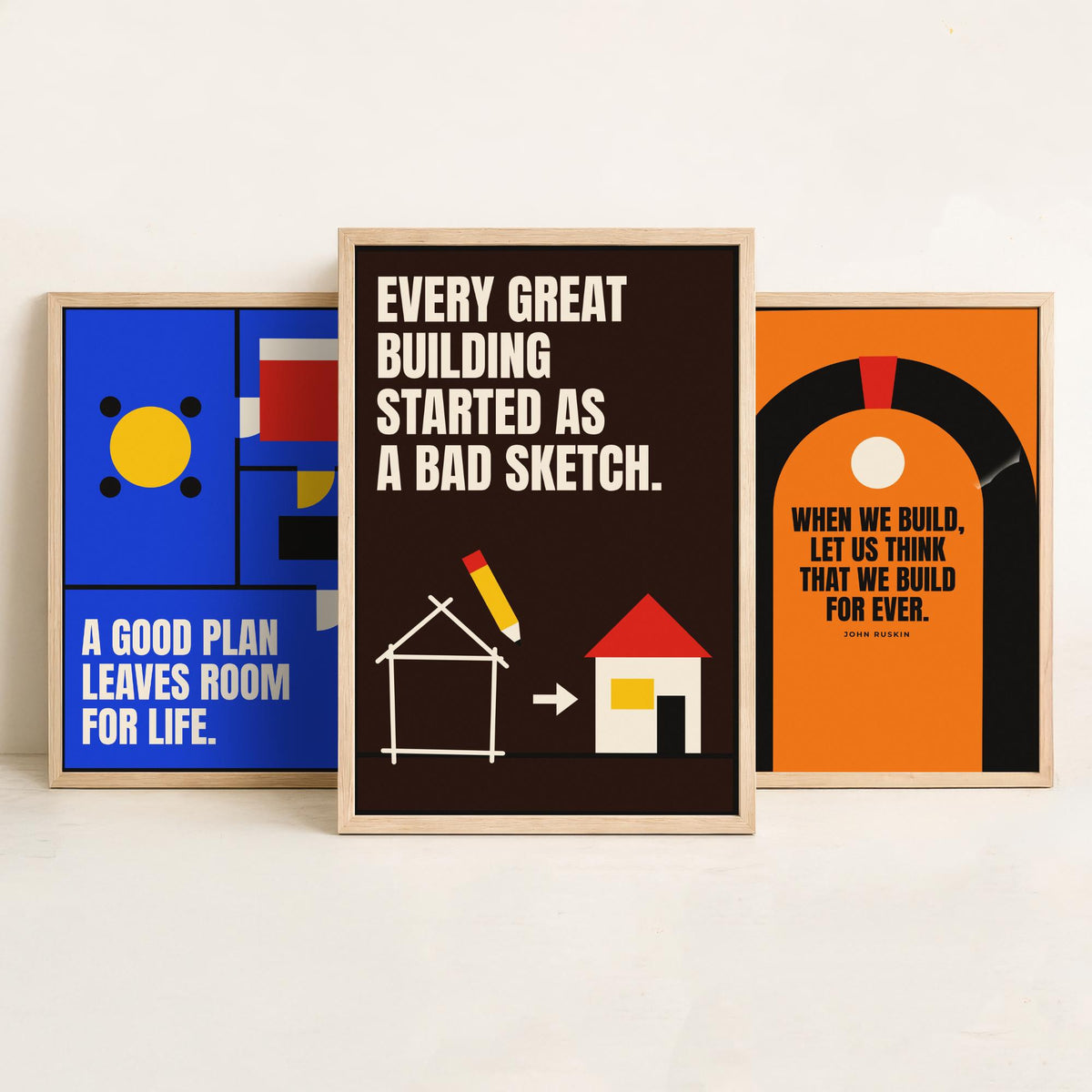 Architecture Quotes Set of Three Art Prints - 3 Retro Bauhaus Architect Posters - Minimalist Design Wall Art Illustration V2