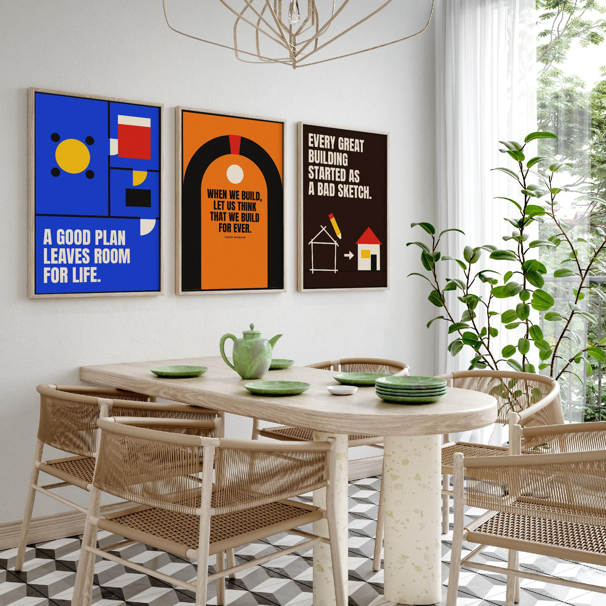 Architecture Quotes Set of Three Art Prints - 3 Retro Bauhaus Architect Posters - Minimalist Design Wall Art Illustration V2