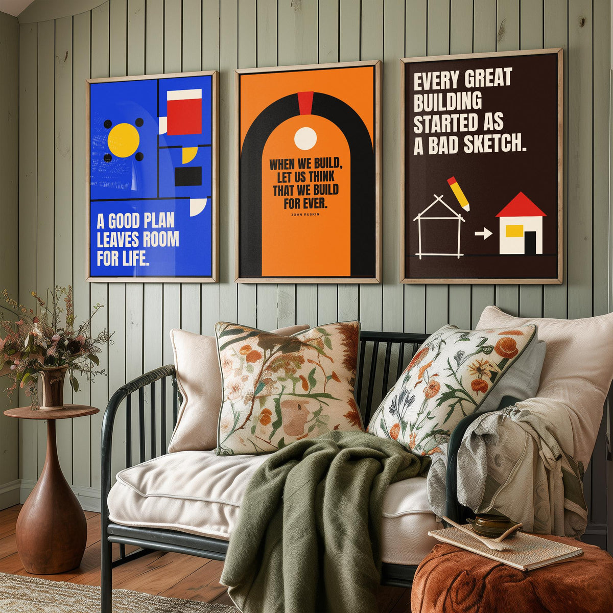 Architecture Quotes Set of Three Art Prints - 3 Retro Bauhaus Architect Posters - Minimalist Design Wall Art Illustration V2