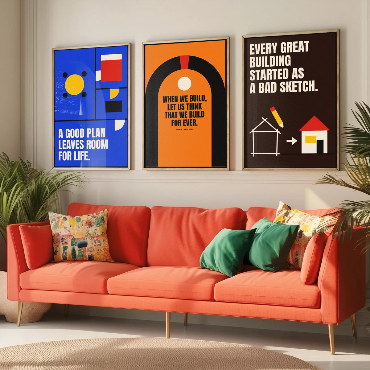 Architecture Quotes Set of Three Art Prints - 3 Retro Bauhaus Architect Posters - Minimalist Design Wall Art Illustration V2