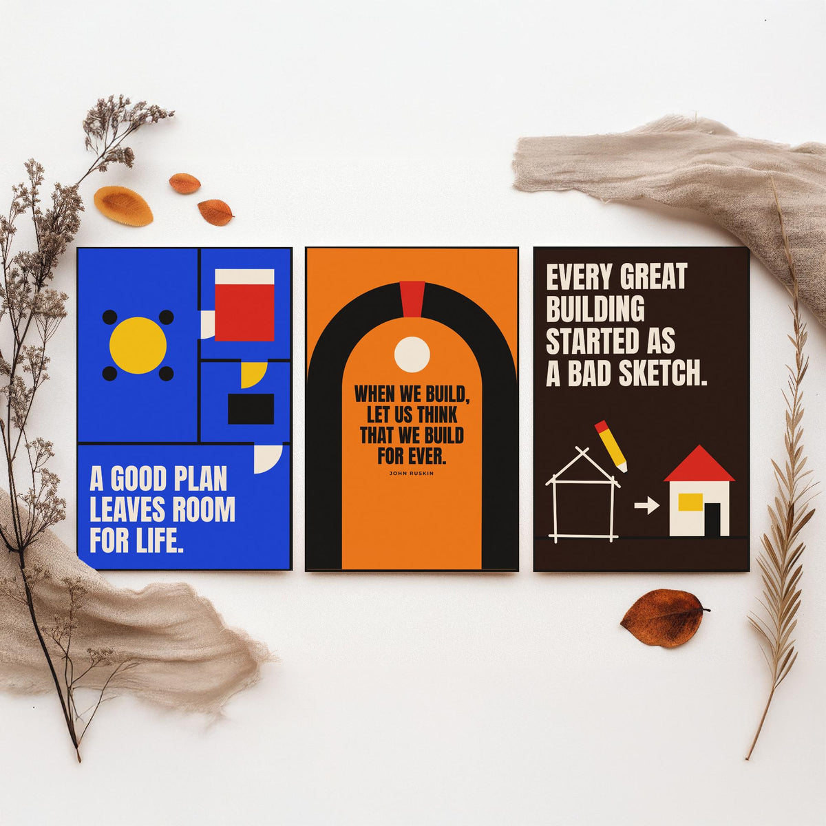 Architecture Quotes Set of Three Art Prints - 3 Retro Bauhaus Architect Posters - Minimalist Design Wall Art Illustration V2