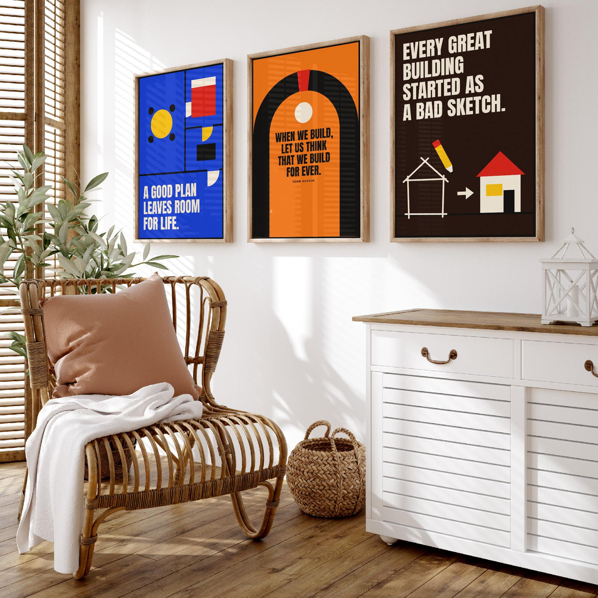 Architecture Quotes Set of Three Art Prints - 3 Retro Bauhaus Architect Posters - Minimalist Design Wall Art Illustration V2