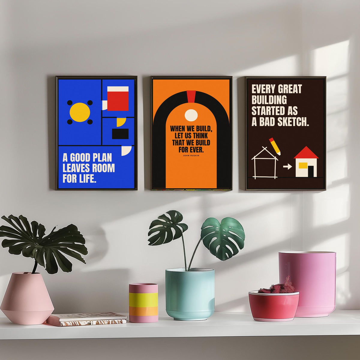 Architecture Quotes Set of Three Art Prints - 3 Retro Bauhaus Architect Posters - Minimalist Design Wall Art Illustration V2