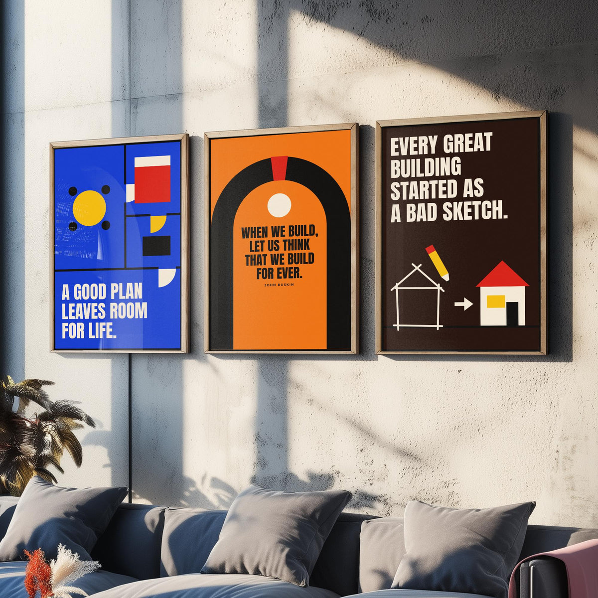 Architecture Quotes Set of Three Art Prints - 3 Retro Bauhaus Architect Posters - Minimalist Design Wall Art Illustration V2
