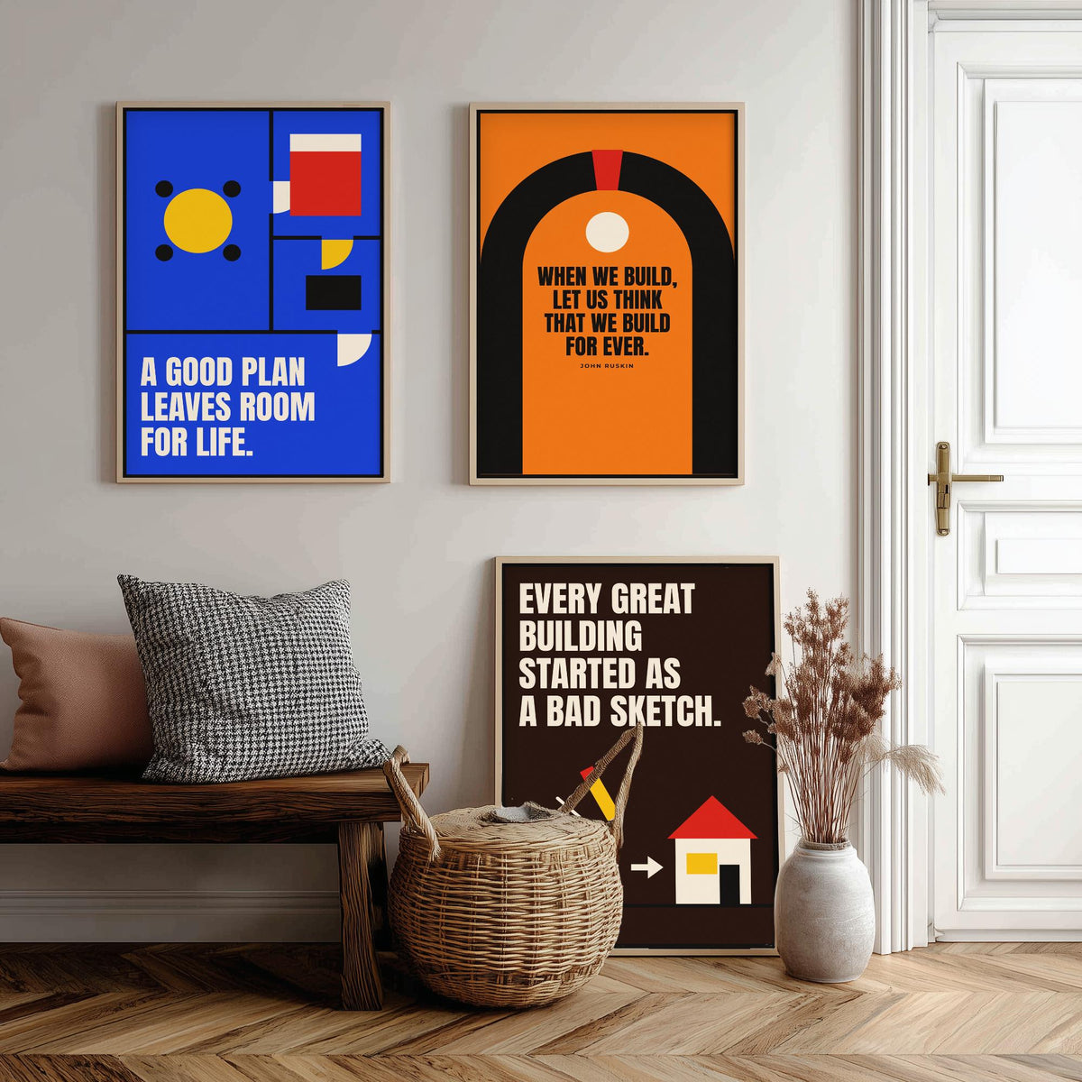 Architecture Quotes Set of Three Art Prints - 3 Retro Bauhaus Architect Posters - Minimalist Design Wall Art Illustration V2