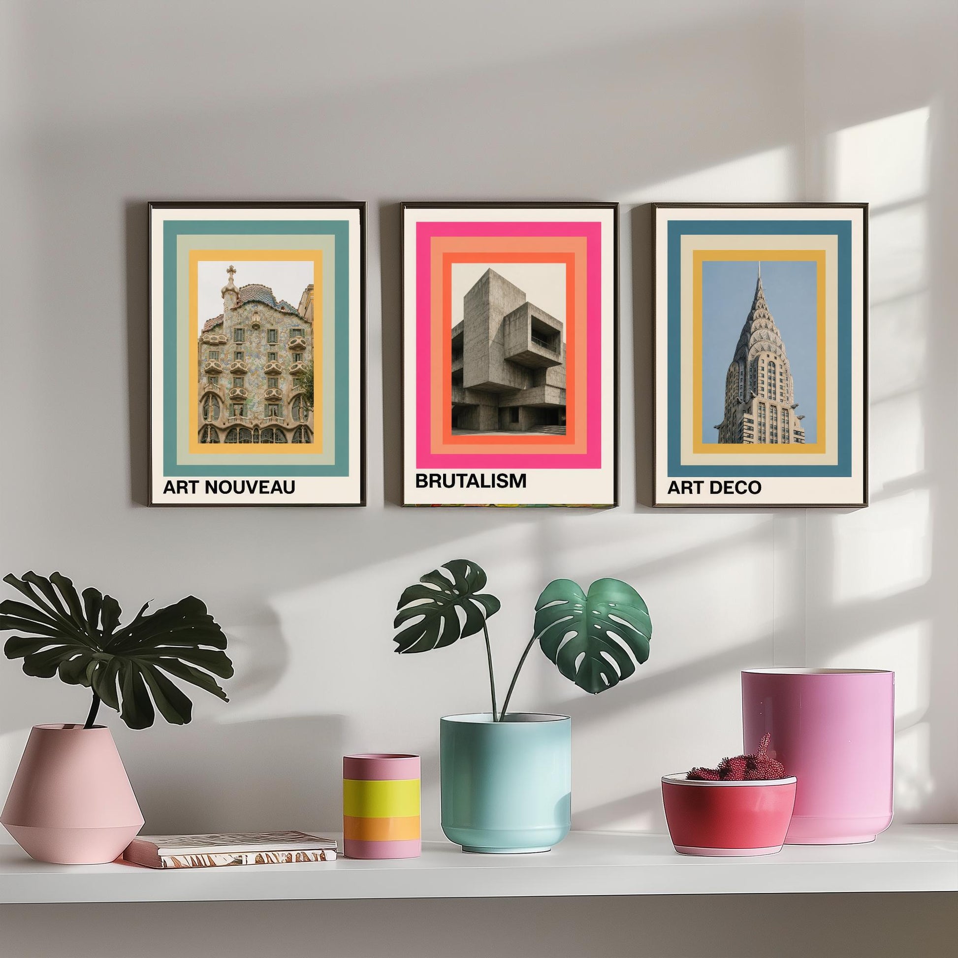 Architecture Styles Set of Three Art Prints - Art Nouveau, Brutalism, Art Deco Posters - Photo Gallery Wall Illustration