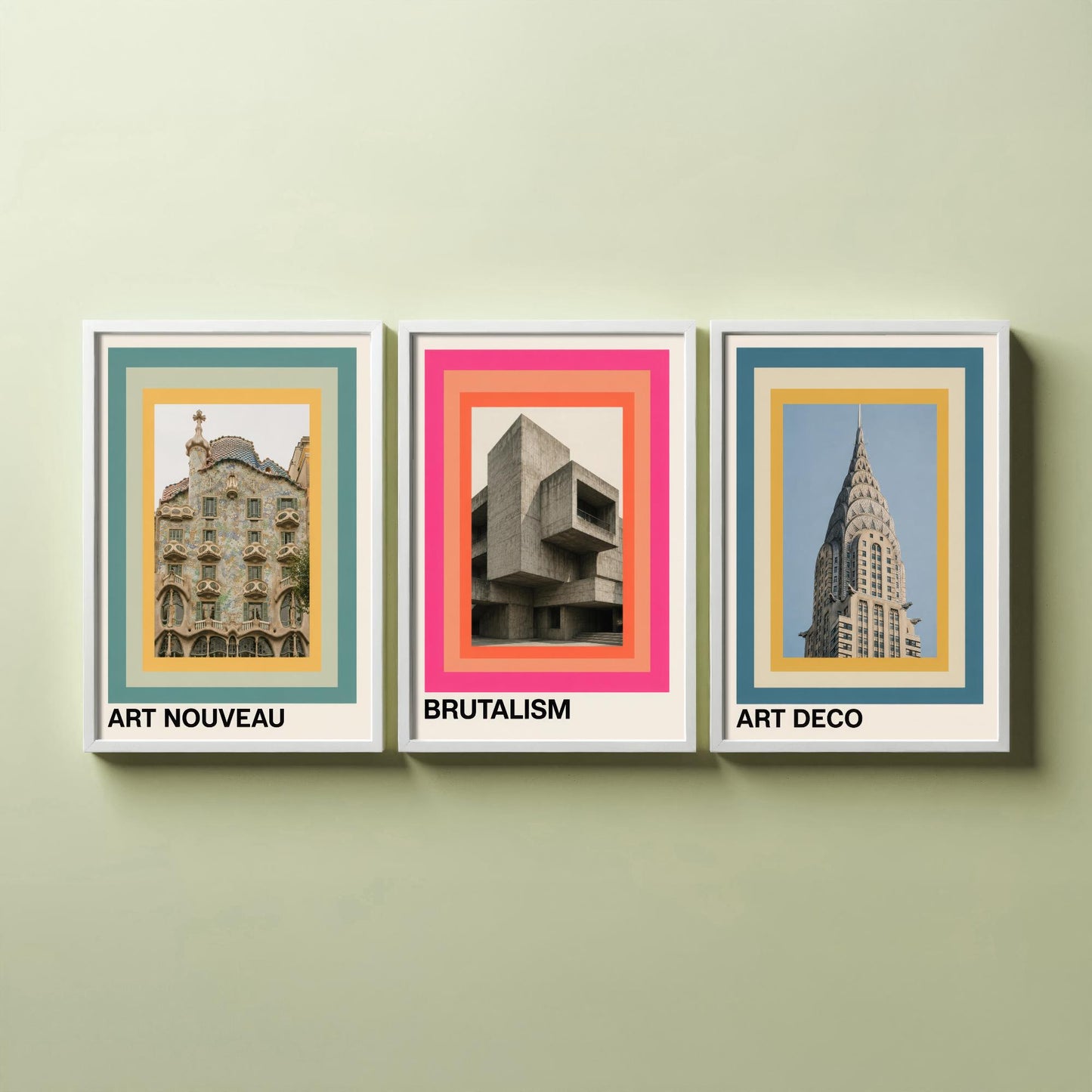 Architecture Styles Set of Three Art Prints - Art Nouveau, Brutalism, Art Deco Posters - Photo Gallery Wall Illustration