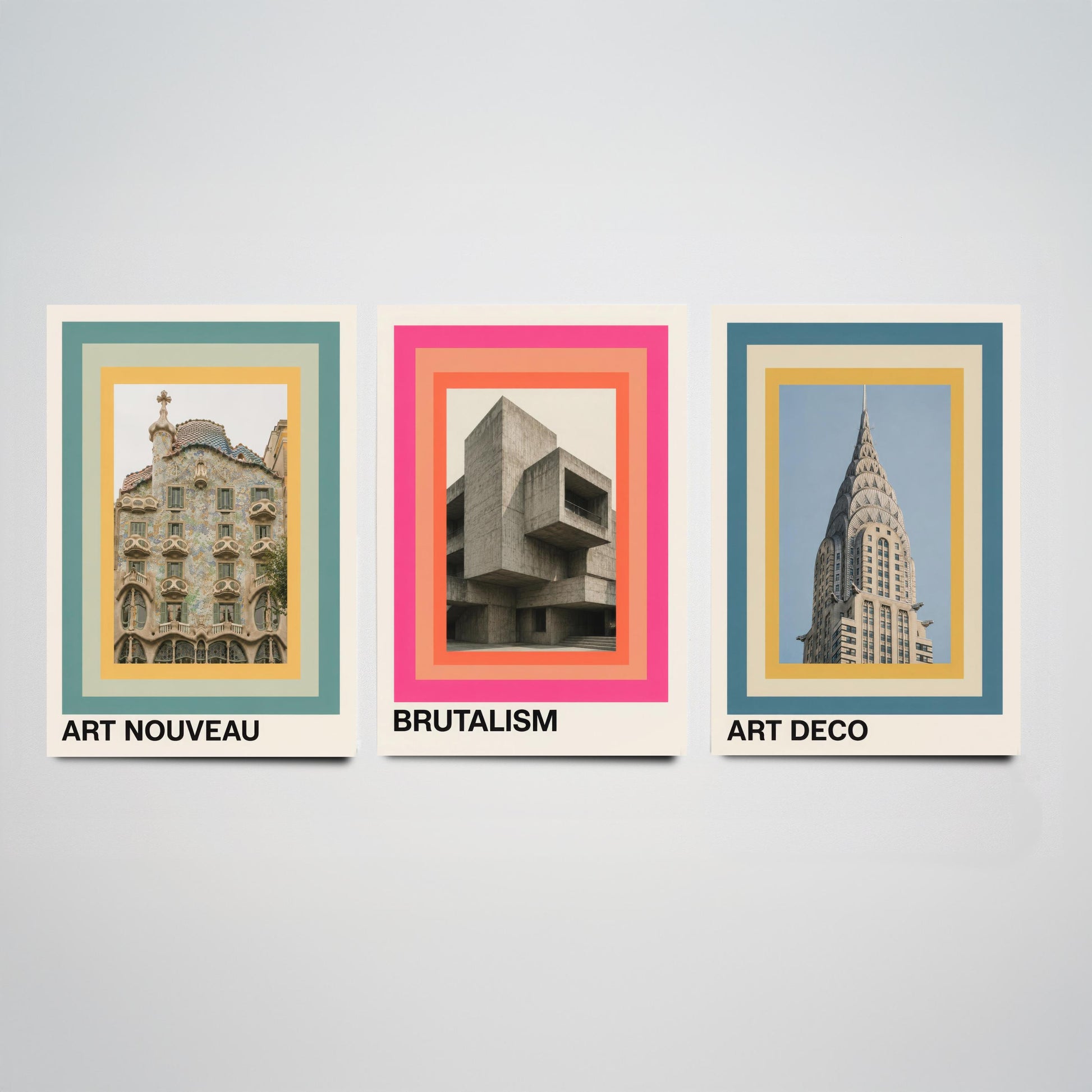Architecture Styles Set of Three Art Prints - Art Nouveau, Brutalism, Art Deco Posters - Photo Gallery Wall Illustration