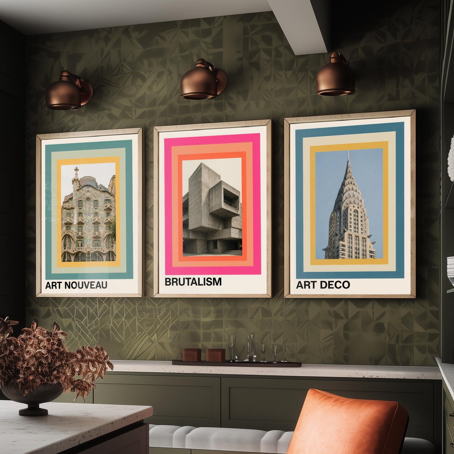 Architecture Styles Set of Three Art Prints - Art Nouveau, Brutalism, Art Deco Posters - Photo Gallery Wall Illustration
