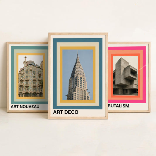 Architecture Styles Set of Three Art Prints - Art Nouveau, Brutalism, Art Deco Posters - Photo Gallery Wall Illustration